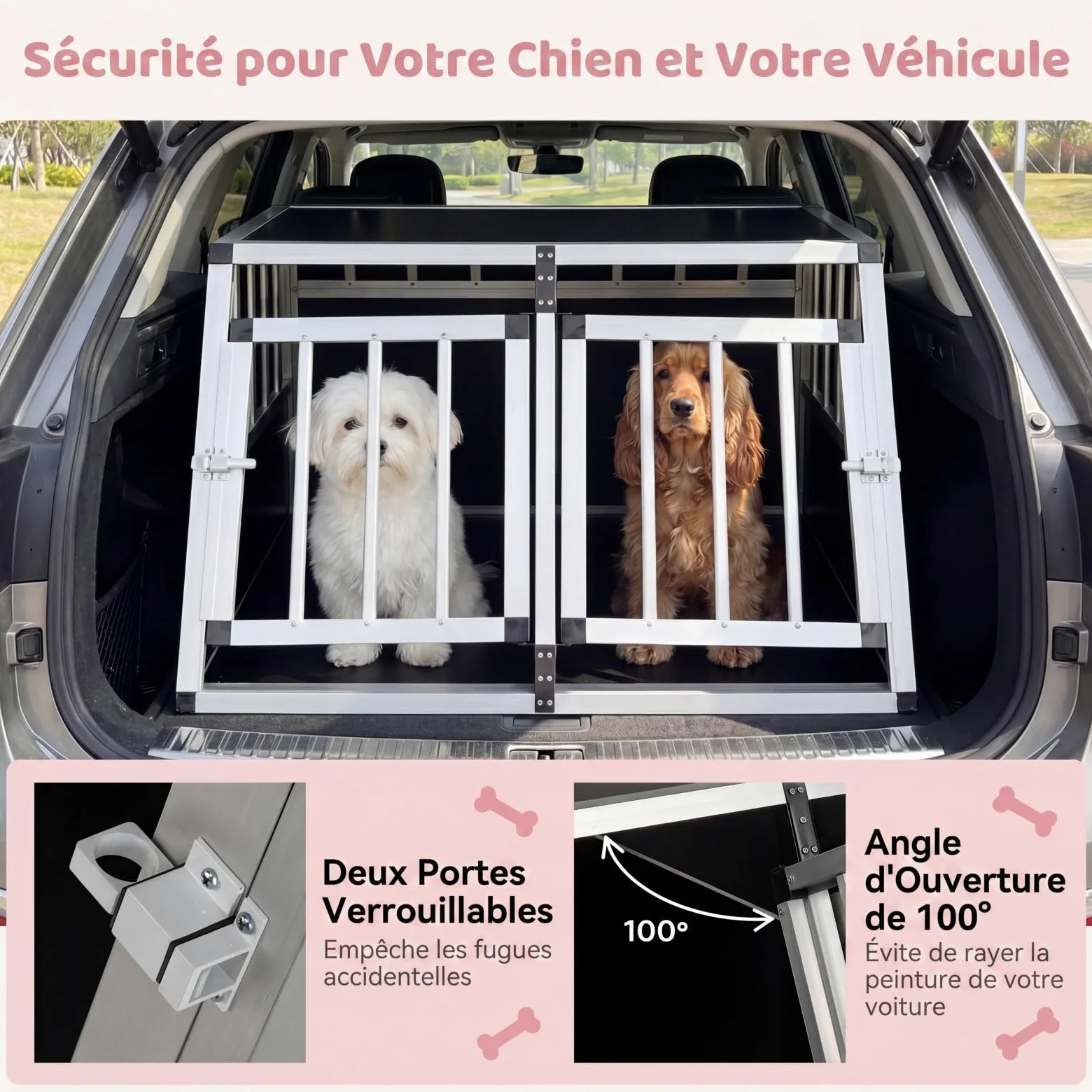 GYMAX Cage pour Chien avec Double Chambre, Séparateur Amovible, Porte Verrouillable, Niche avec Cadre Métallique, Caisse de Transport Voiture Trapézoïdale pour Petits Chiots, 80 x 65 x 48 cm