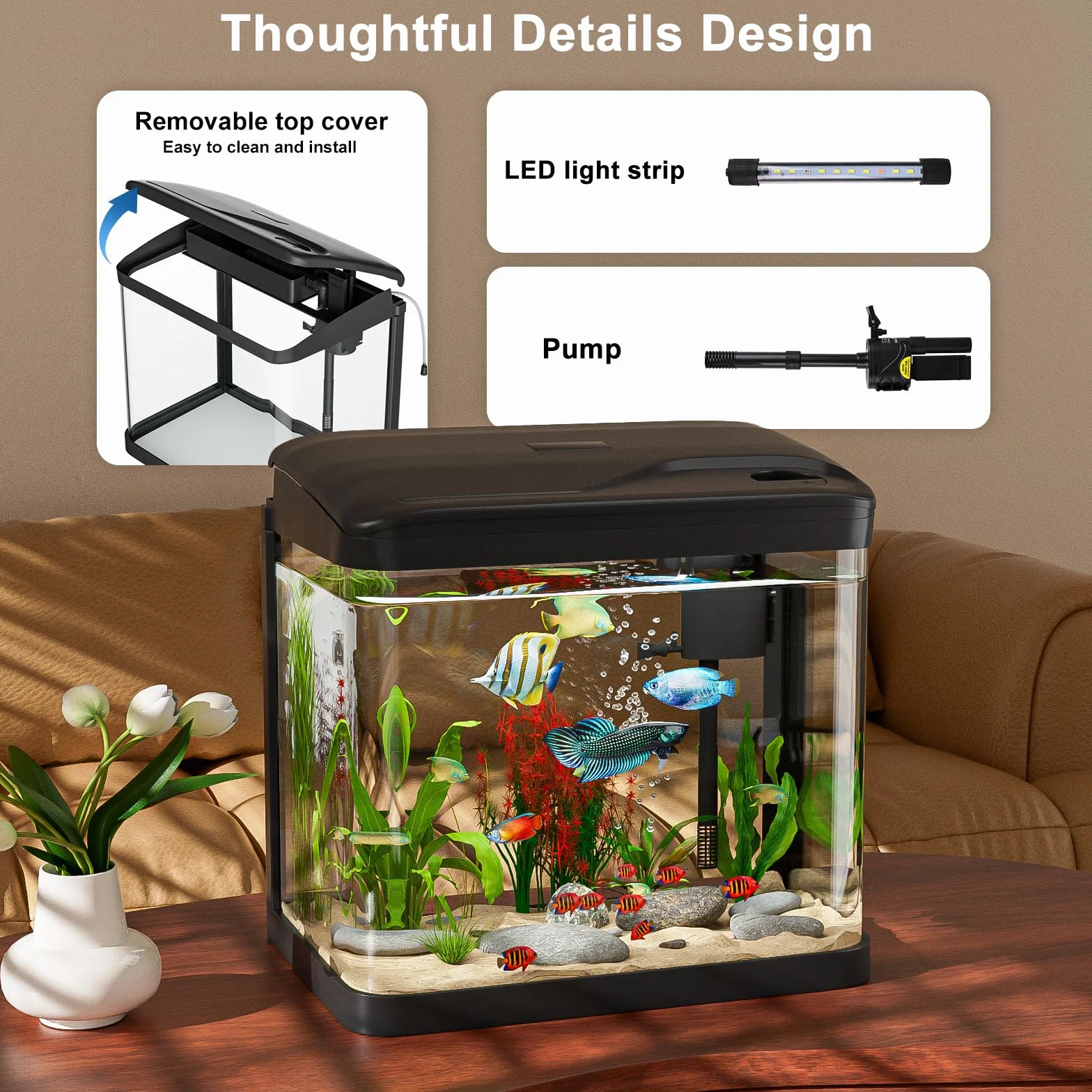 Aquarium Complet en Verre avec Éclairage LED Pompe Filtre Décoration Table Bureau 15L