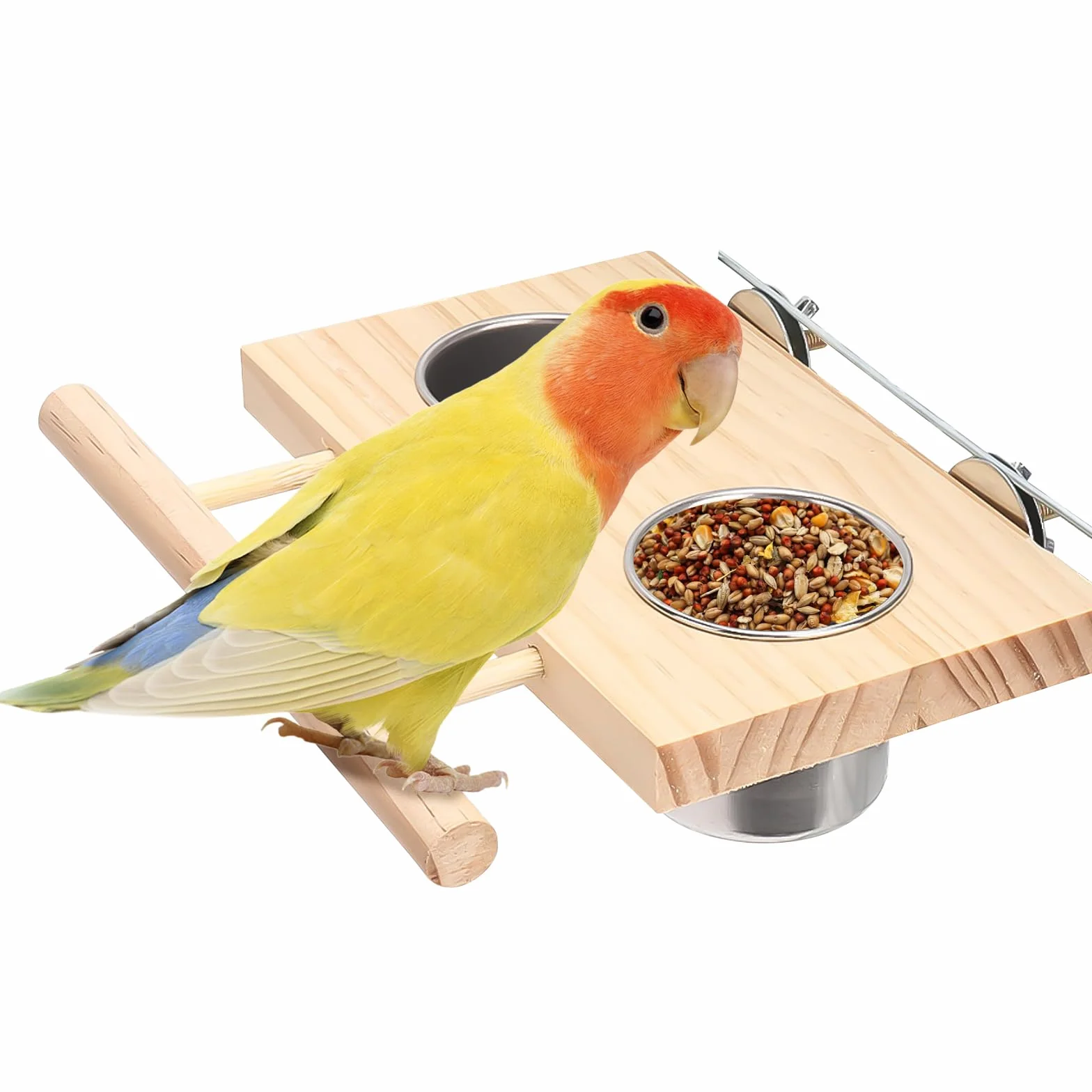 Lot de 2 gamelles pour oiseaux en acier inoxydable avec perchoir en bois, perruches, calopsittes