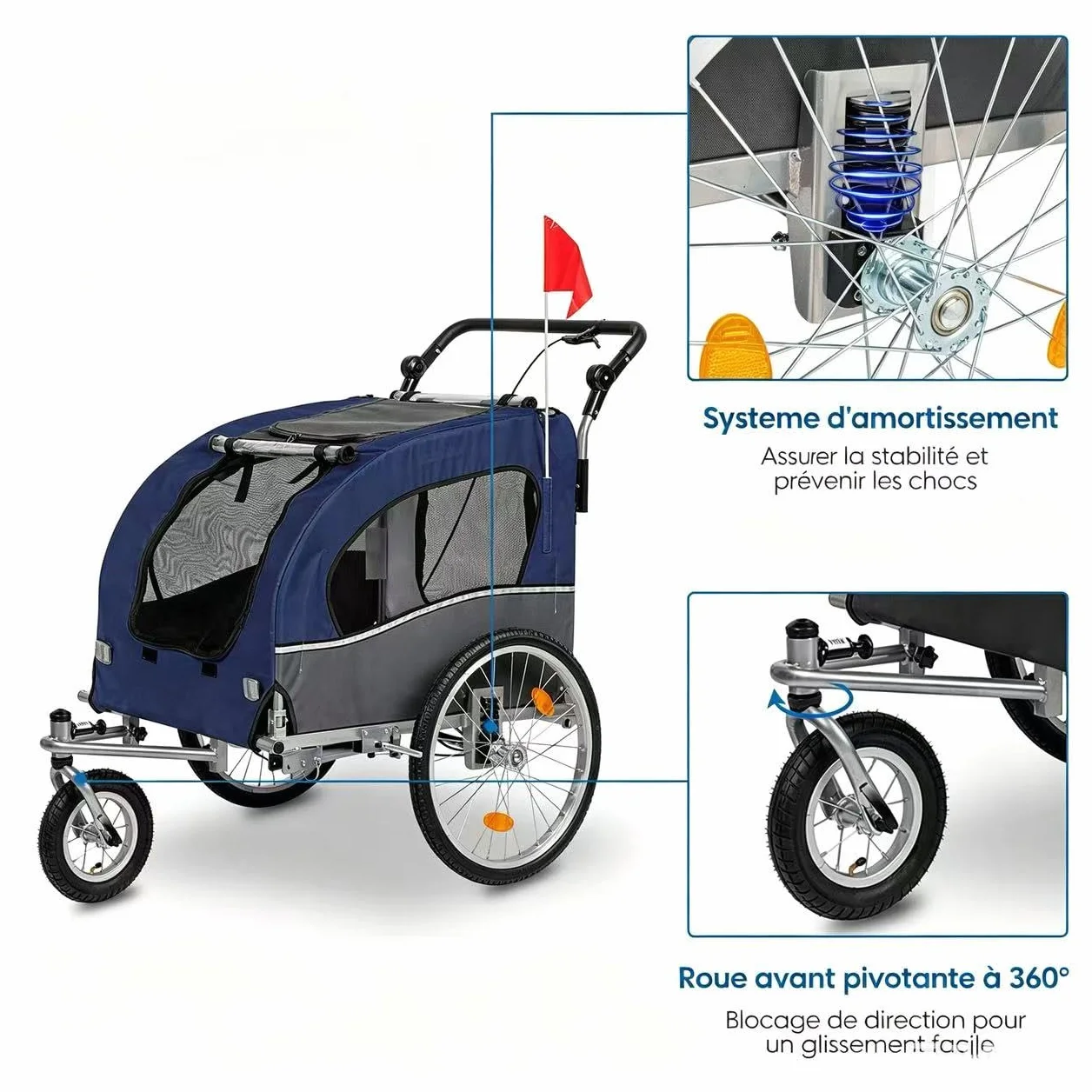 Bonnlo Remorque de Vélo pour Animaux 2-en-1, Poussette pour Chien Tout Terrain, Cadre en Acier, Charge 50kg, 155 x 82 x 106 cm