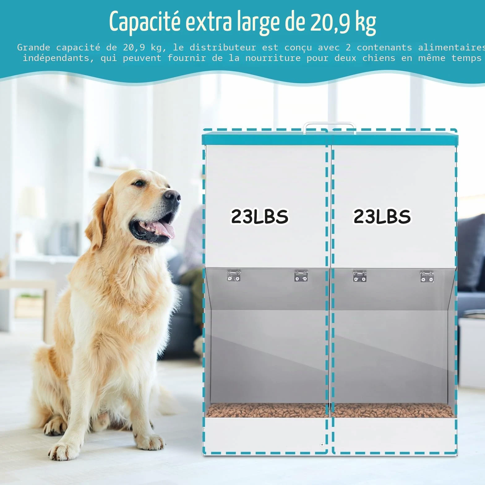Mangeoire Automatique pour 2 Chiens, Distributeur de Nourriture Galvanisé d'une Capacité de 46lbs, Double Mangeoire pour Animaux de Compagnie pour L'extérieur et L'intérieur