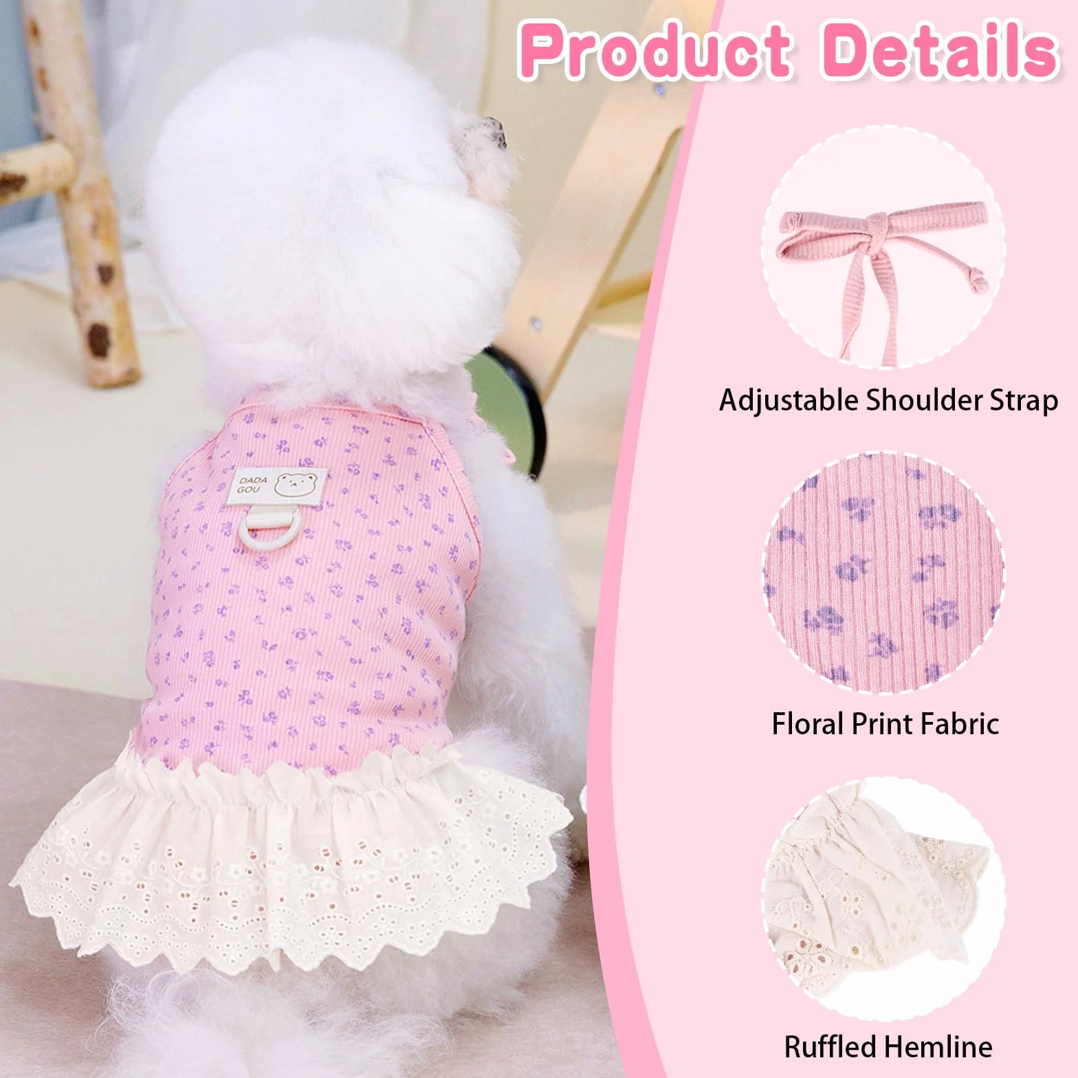 Robe d'été pour chien et chat petite et moyenne taille sans manches avec anneau en D rose XL (4,2 à 6 kg)