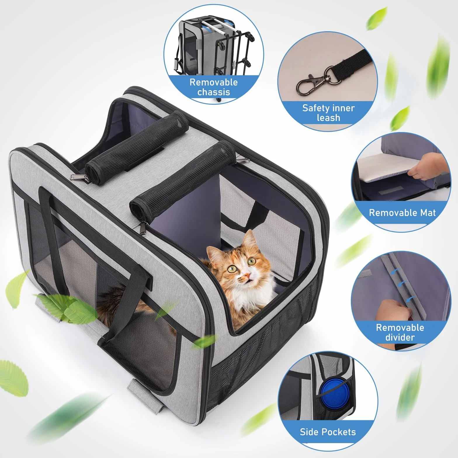 Sac de Transport pour Chats 20kg Double Compartiment Séparateur Amovible Roulettes Poignée Gris XL