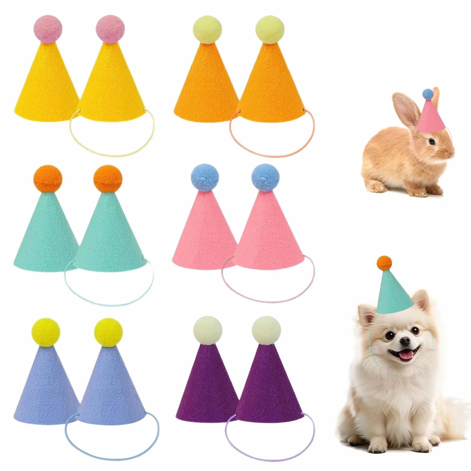 Lot de 12 mini chapeaux de fête pour animaux en peluche - Chapeaux d'anniversaire pour chats, chiens, lapins et divers accessoires pour animaux - Décoration de festival