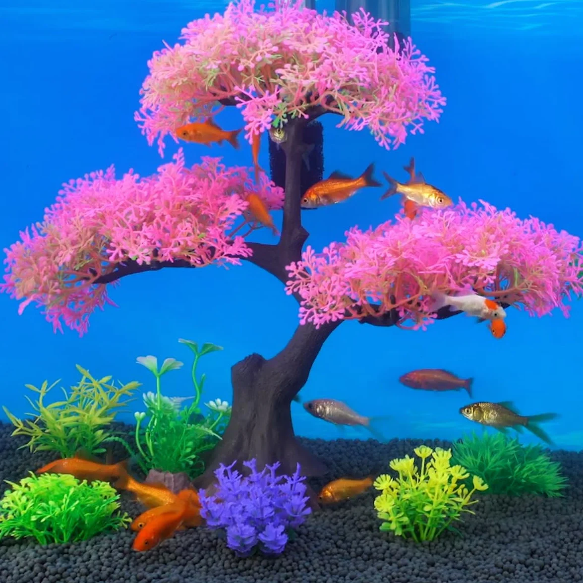SLOCME Ensemble de décoration pour aquarium cerisier rose 10 pièces plantes artificielles plastique
