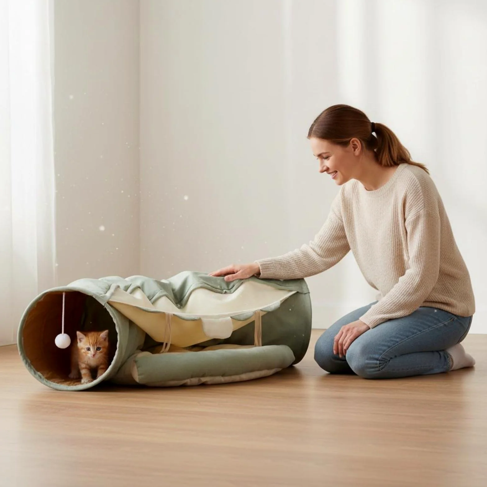 Tunnel pour en 1 Couchage et Jouet avec Dossier Moelleux Passage Superposé Bruissement Stimulant Franges Suspendues Polyester Adapté aux Félins