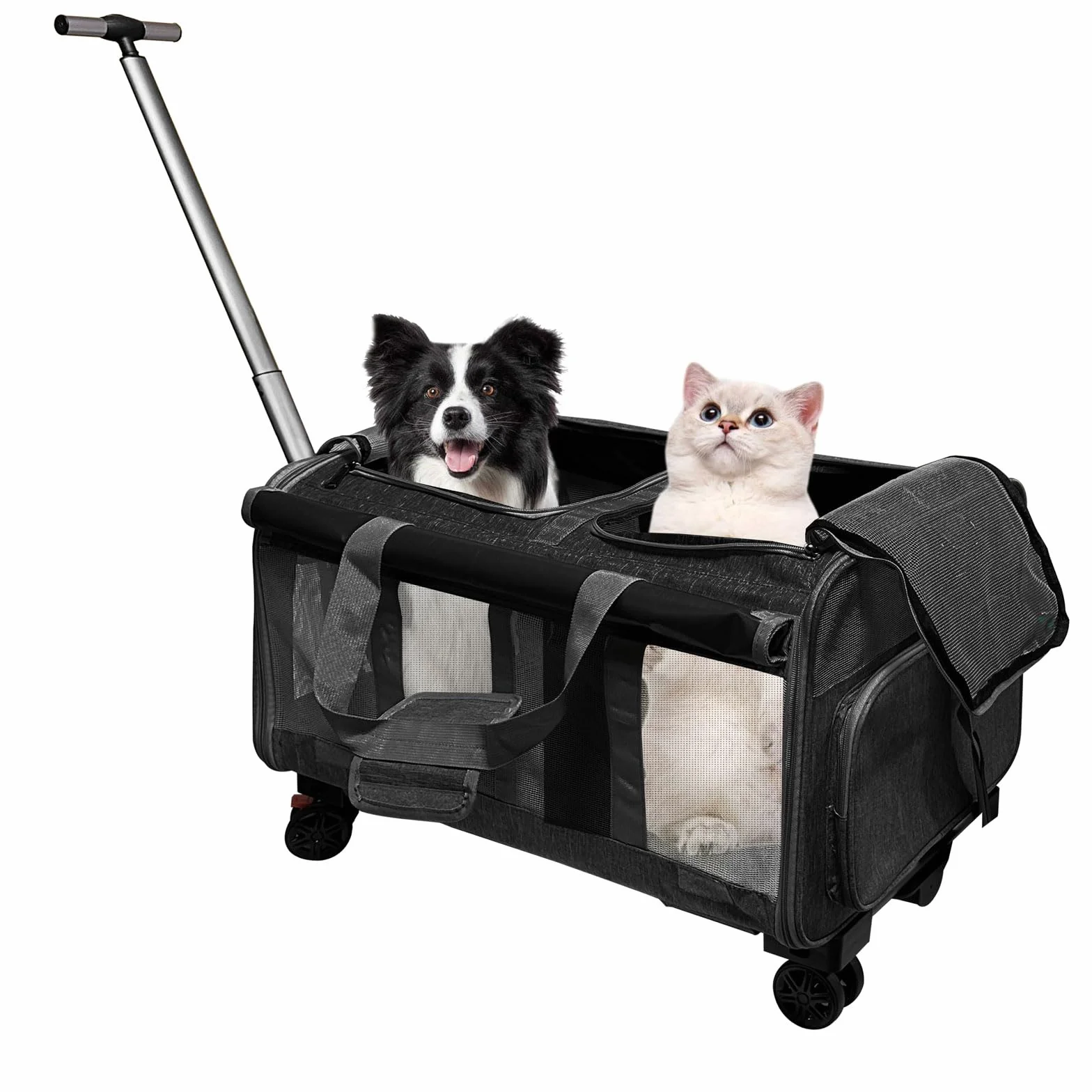 Sac de Transport pour 2 Chats/Chiens, 2 Compartiments, 4 Roulettes, Poignée Télescopique, Pliable, Noir