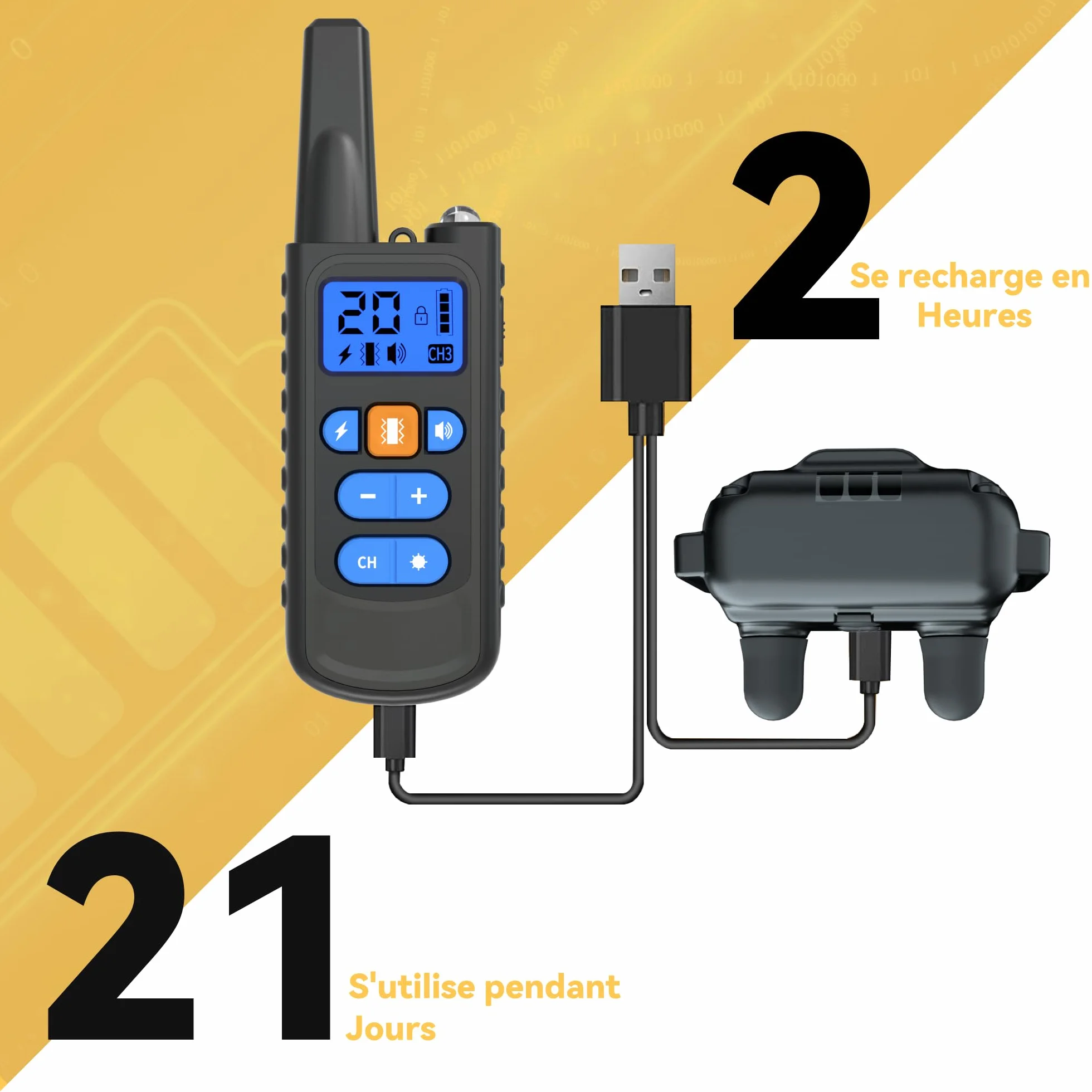 Collier de Dressage pour Chiens Rechargeable Meloive, Portée 3000m, Mode Vibration Son Choc Statique Lumière, IPX67 Résistant à l'Eau