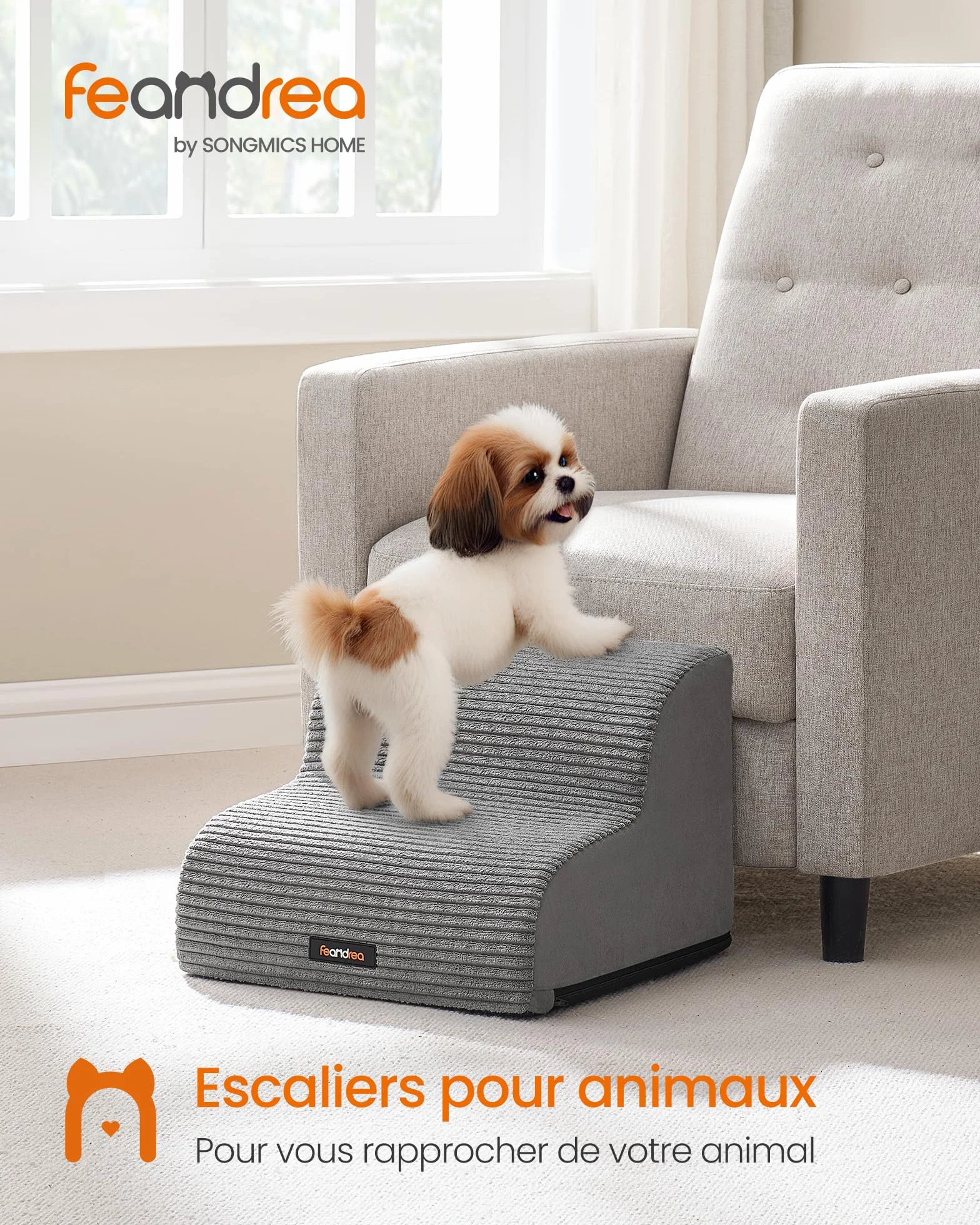 Feandrea Escalier pour Chien 2 Marches Imperméable Antidérapant Housse Amovible Lavable Gris Tourterelle PPS002G01