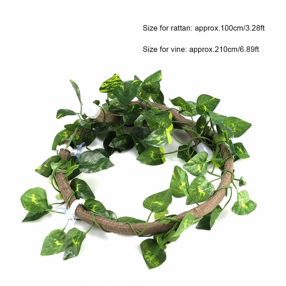Vignes de Reptiles Artificielles avec Ventouses, Branche d'escalade en Rotin Flexible, 3,28 Pieds avec Feuilles de Scindapsus, pour Serpents