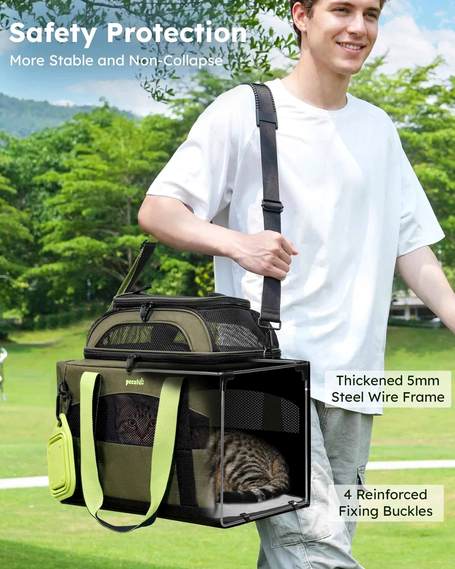 Pecute Caisse de Transport Chat et Chien Extensible, Pliable - Vert Armée | Extension Supérieure • Pliable & Respirant • Cadre Indéformable • Voyage & Vétérinaire • Pour Chats & Chiens