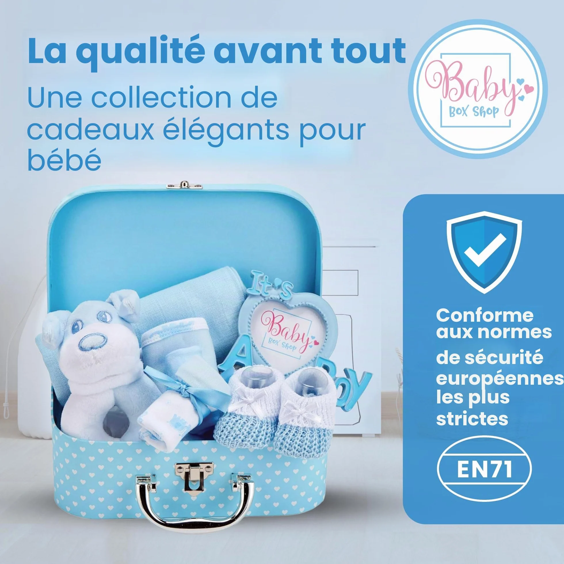 Coffret Naissance Bébé Garçon avec Cadeaux Hochet Cadre Photo Linge Mousseline Bavoir Chaussettes Mitaines Bonnet