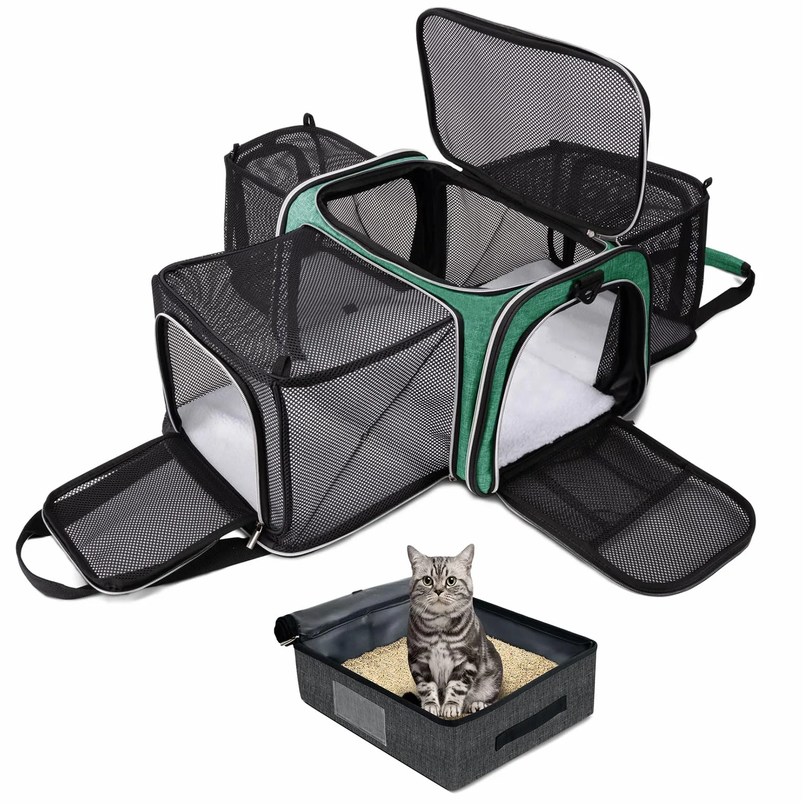 BAGLHER Sac de transport extensible pour chat étanche pliable 5 côtés portes ouvertes vert