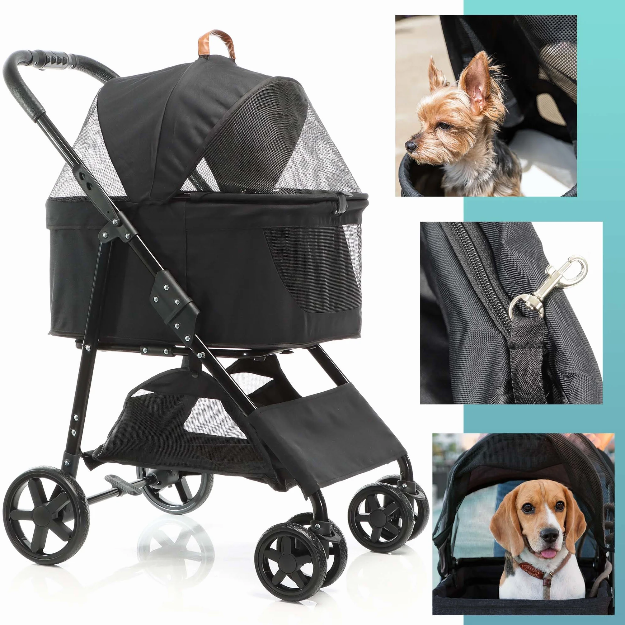Fudajo Poussette pliable pour chiens et chats 2 en 1 – Capacité max. 20 kg – Noire – Acier et EVA – Buggy Chariot petits animaux