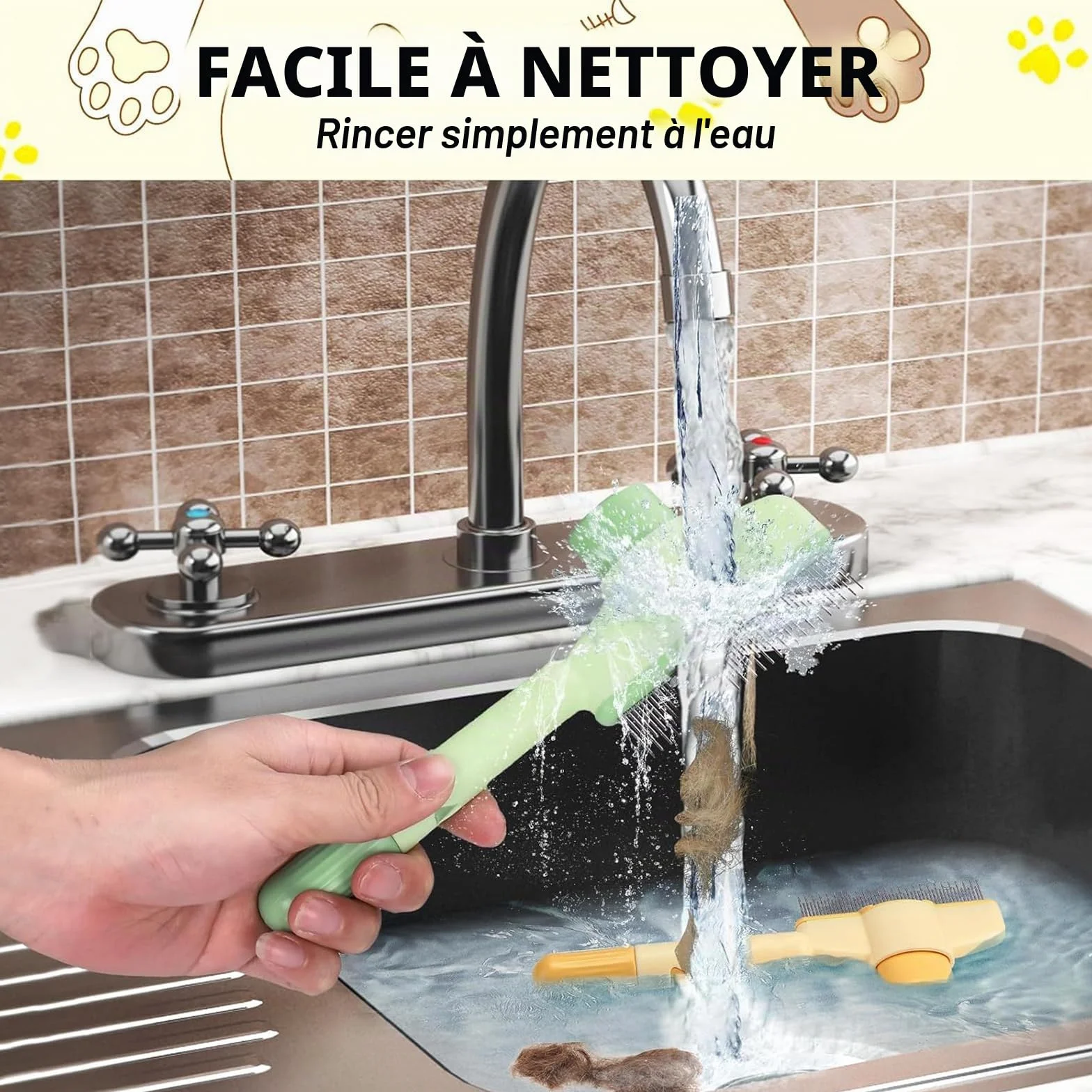Brosse autonettoyante pour animaux de compagnie - Peigne à puces pour chat et poils longs/courts - Vert