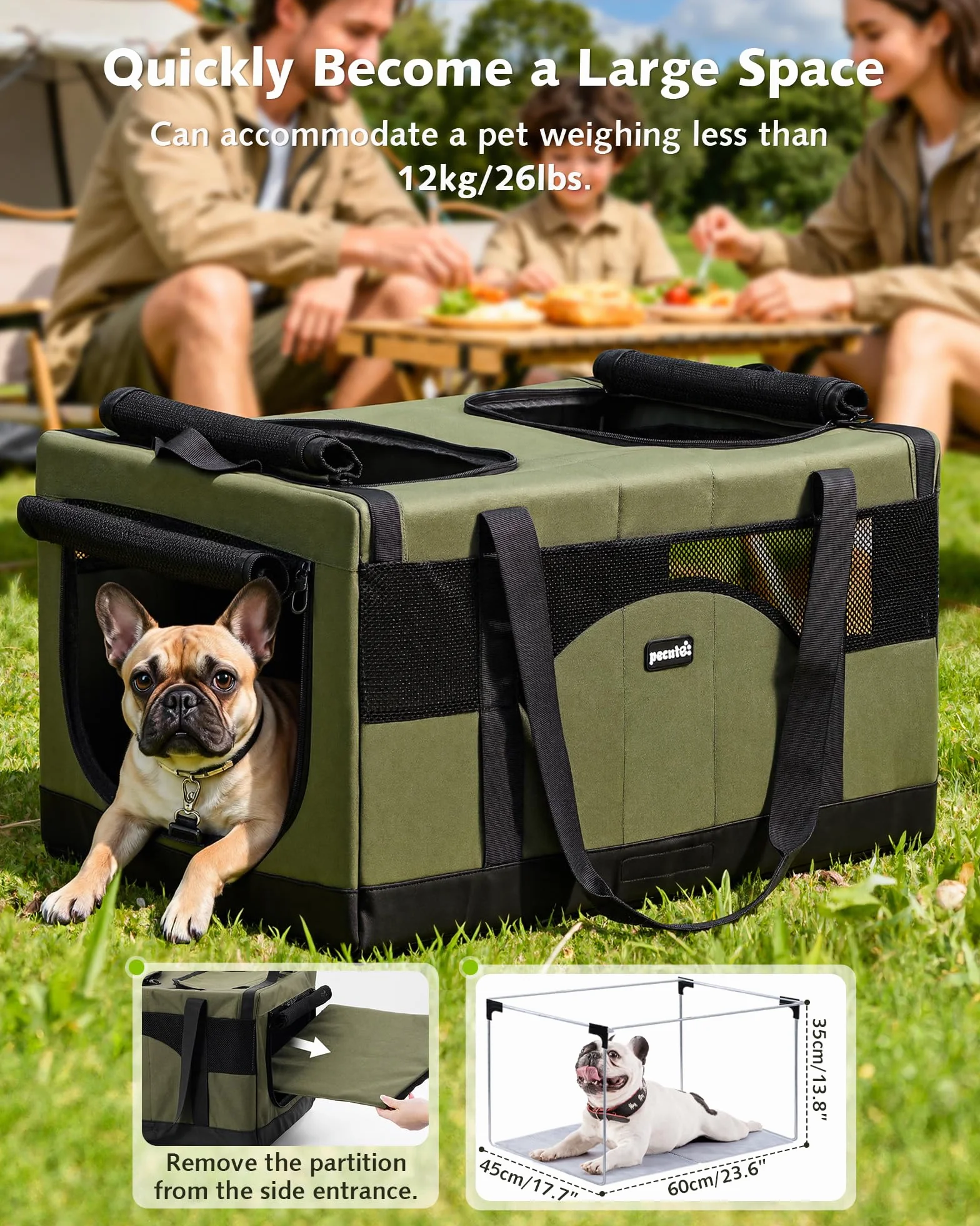 Pecute Sac de Transport pour 2 Chat, Cadre Ultra Stable, Pliable, Vert