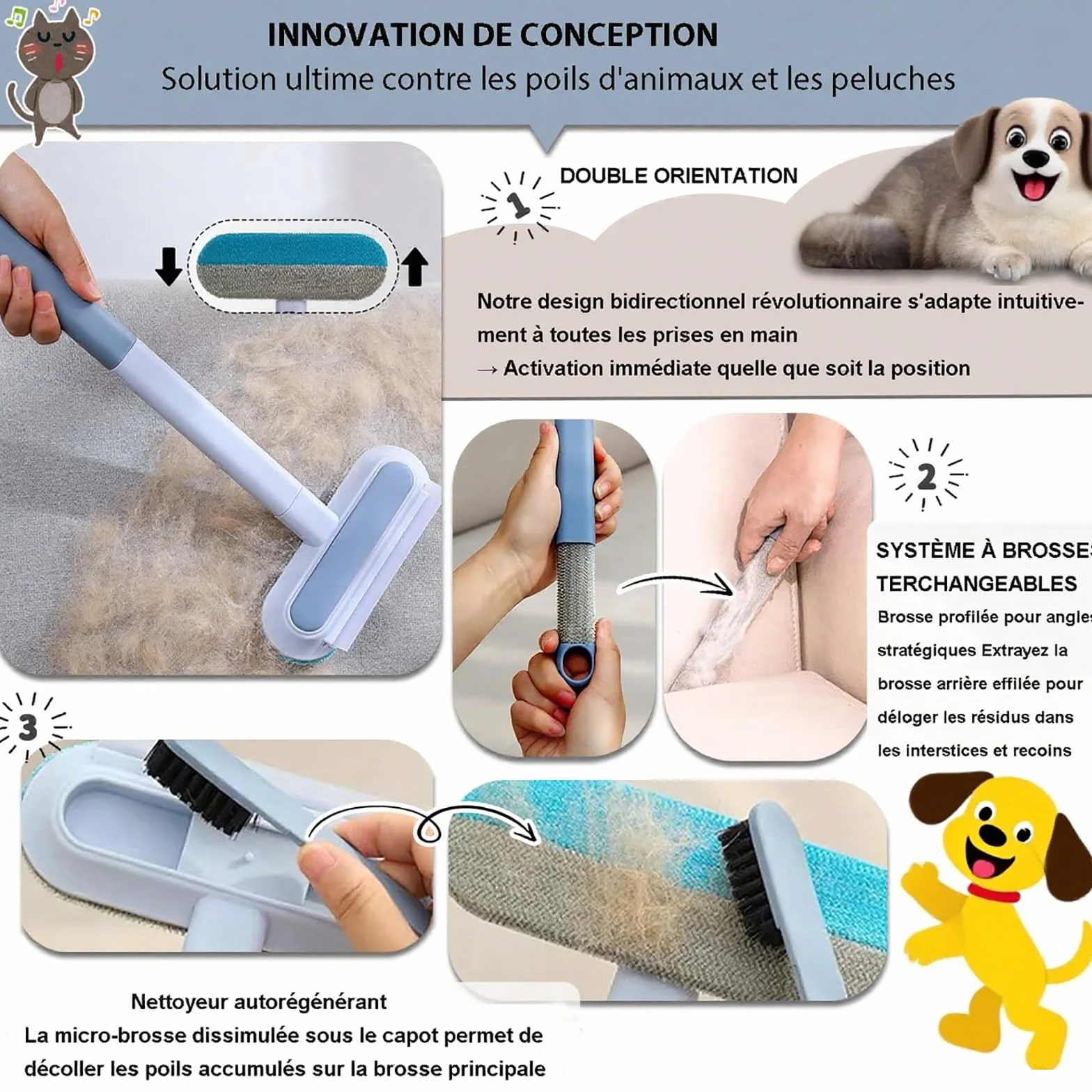 Brosse Anti Poils Animaux Réutilisable 44cm Extensible pour Chat Chien Bleu