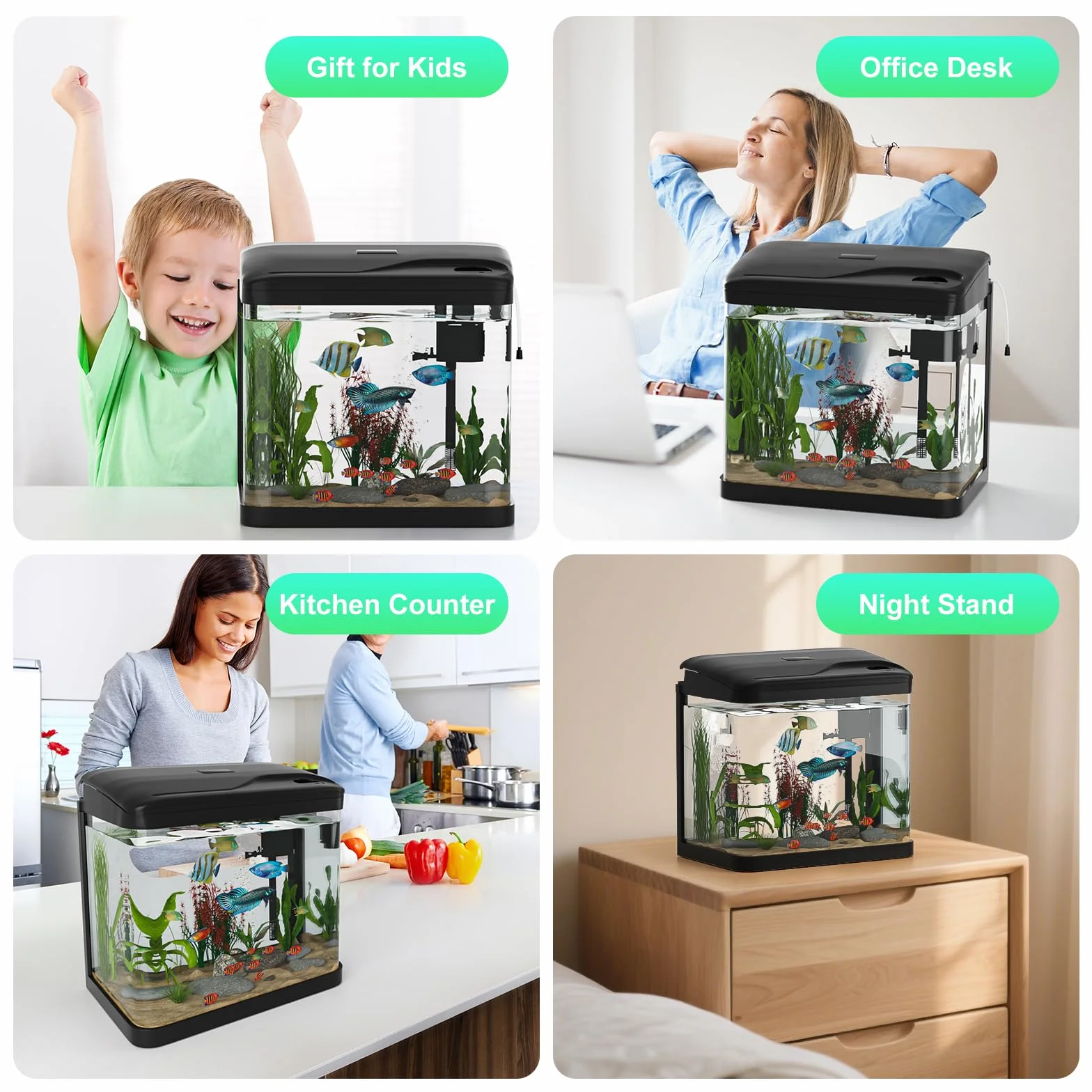 Aquarium Complet en Verre avec Éclairage LED Pompe Filtre Décoration Table Bureau 15L