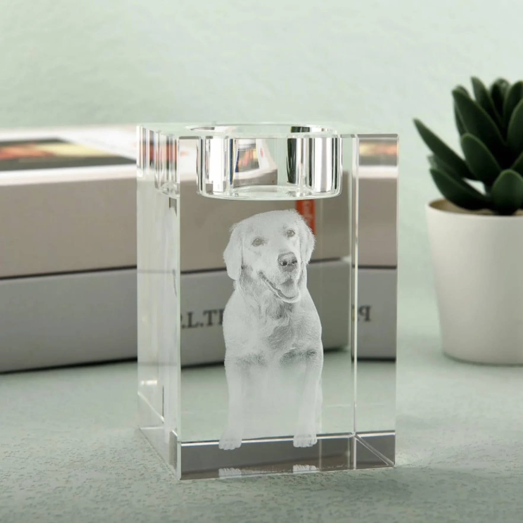 Portrait d'animal domestique 3D personnalisé, photo en cristal gravée, bougeoir commémoratif, cadeau de perte d'animal