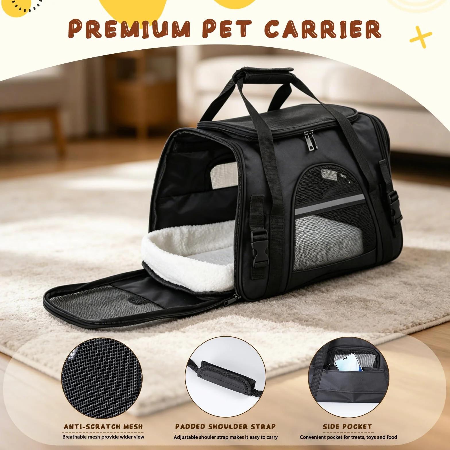Romon Sac Transport Chat Chien Respirant Pliable 6 kg Matelas en Peluche Bandoulière Réglable 17.3x11x9.8 inch Noir