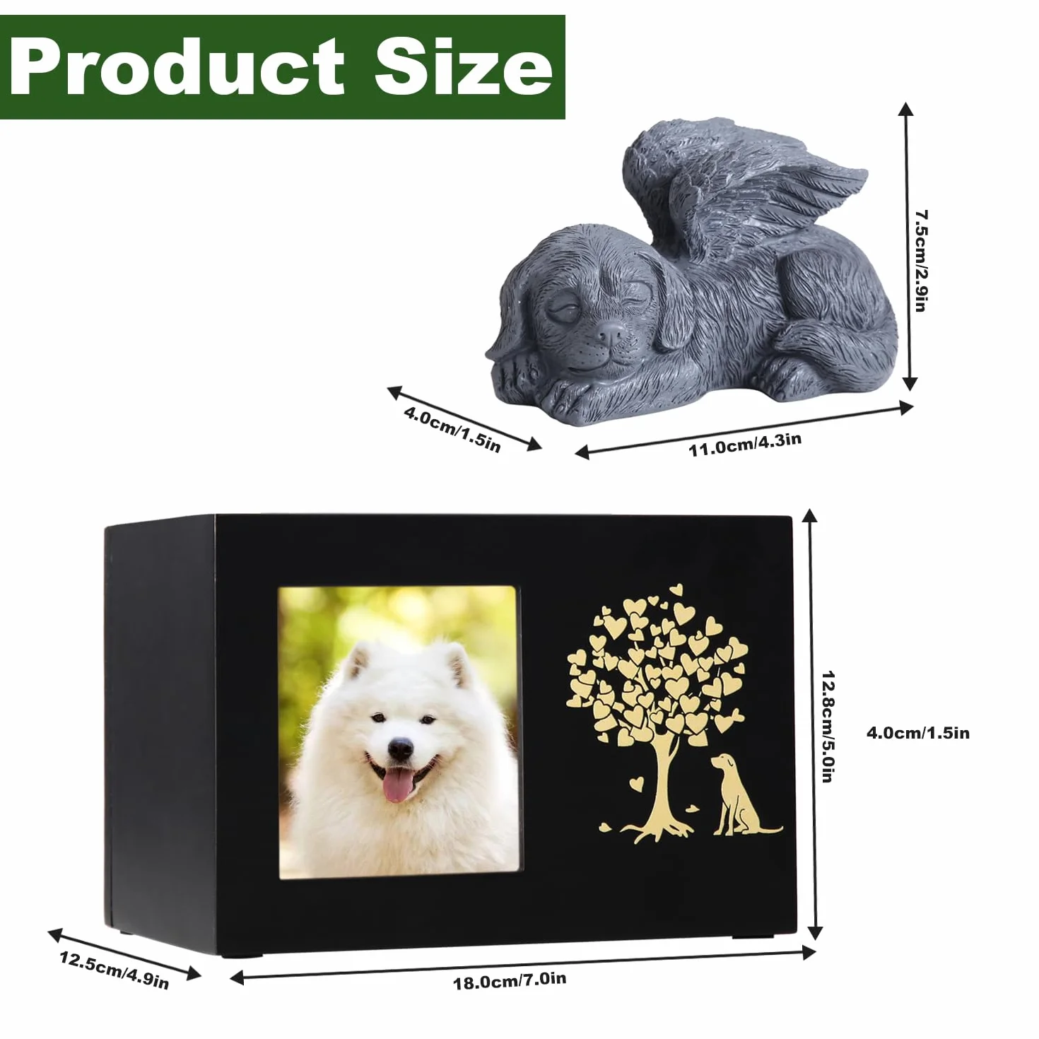 Urne funéraire en bois XLarge pour chien avec cadre photo et doublure flanelle noire