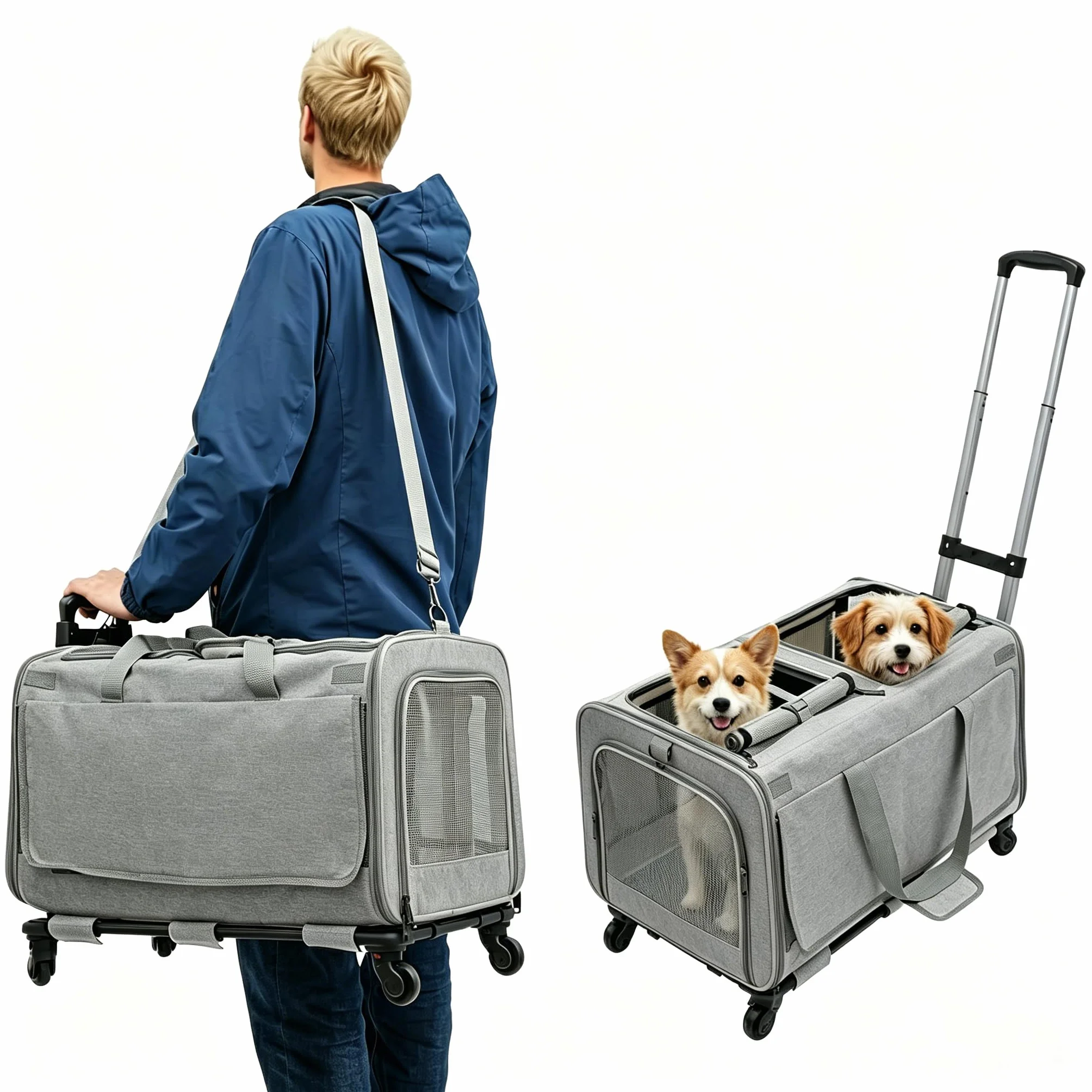Sac de transport pour animal de compagnie 2 compartiments roulettes poignée télescopique jusqu'à 17,5 kg chat chien