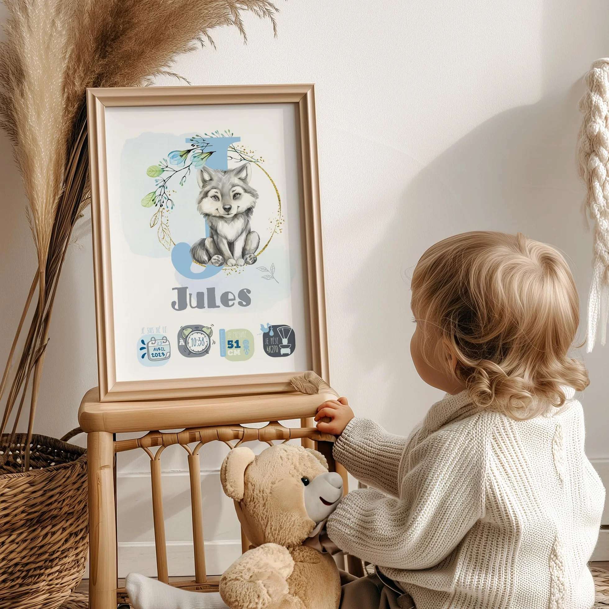 ÉNJA Création Affiche Personnalisée Décoration Murale Bébé Poster Prénom Poids Date Naissance Garçon
