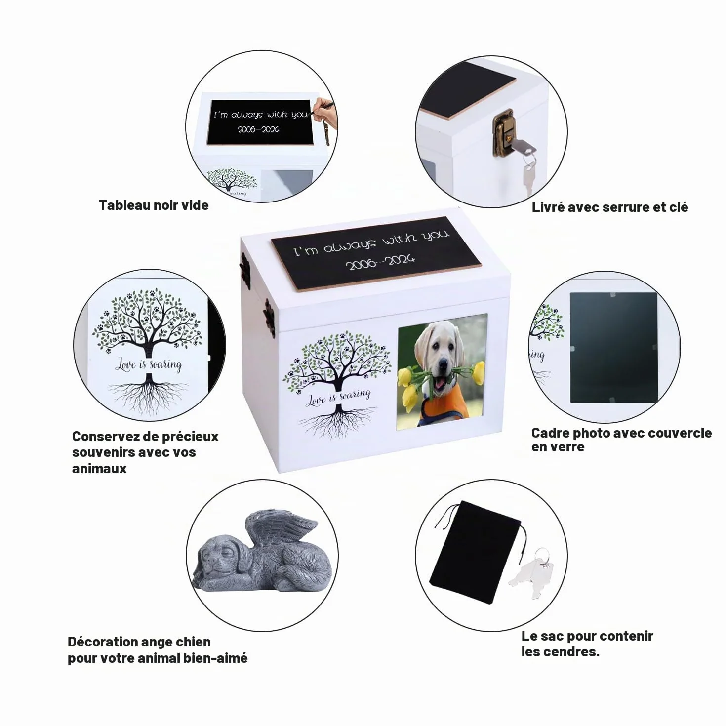 Urne funéraire pour Chien ou Chat en Bois avec Cadre Photo - Boîte à Souvenirs Doublure Flanelle Noire