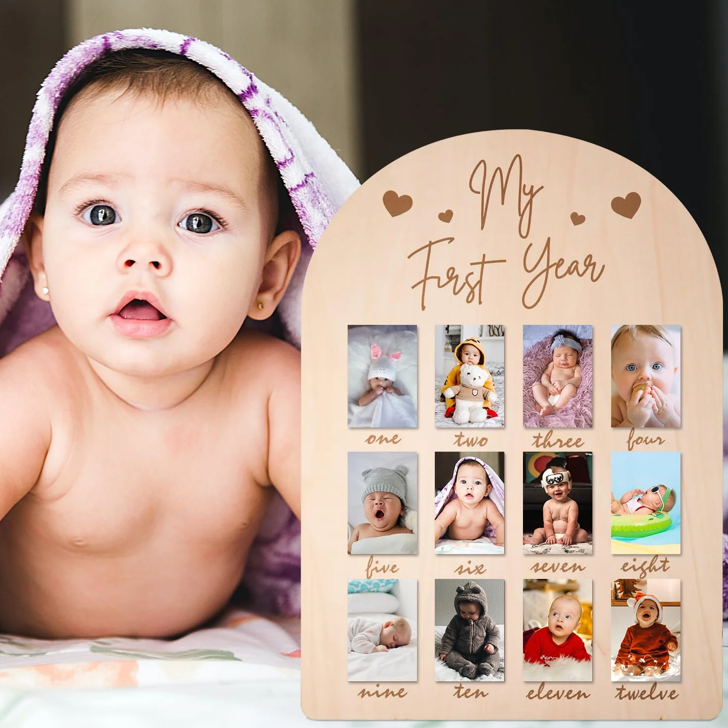 PEUTIER Tableau en Bois Cadre Photo Nouveau-Né 12 Mois Bébé Décorations Chambre