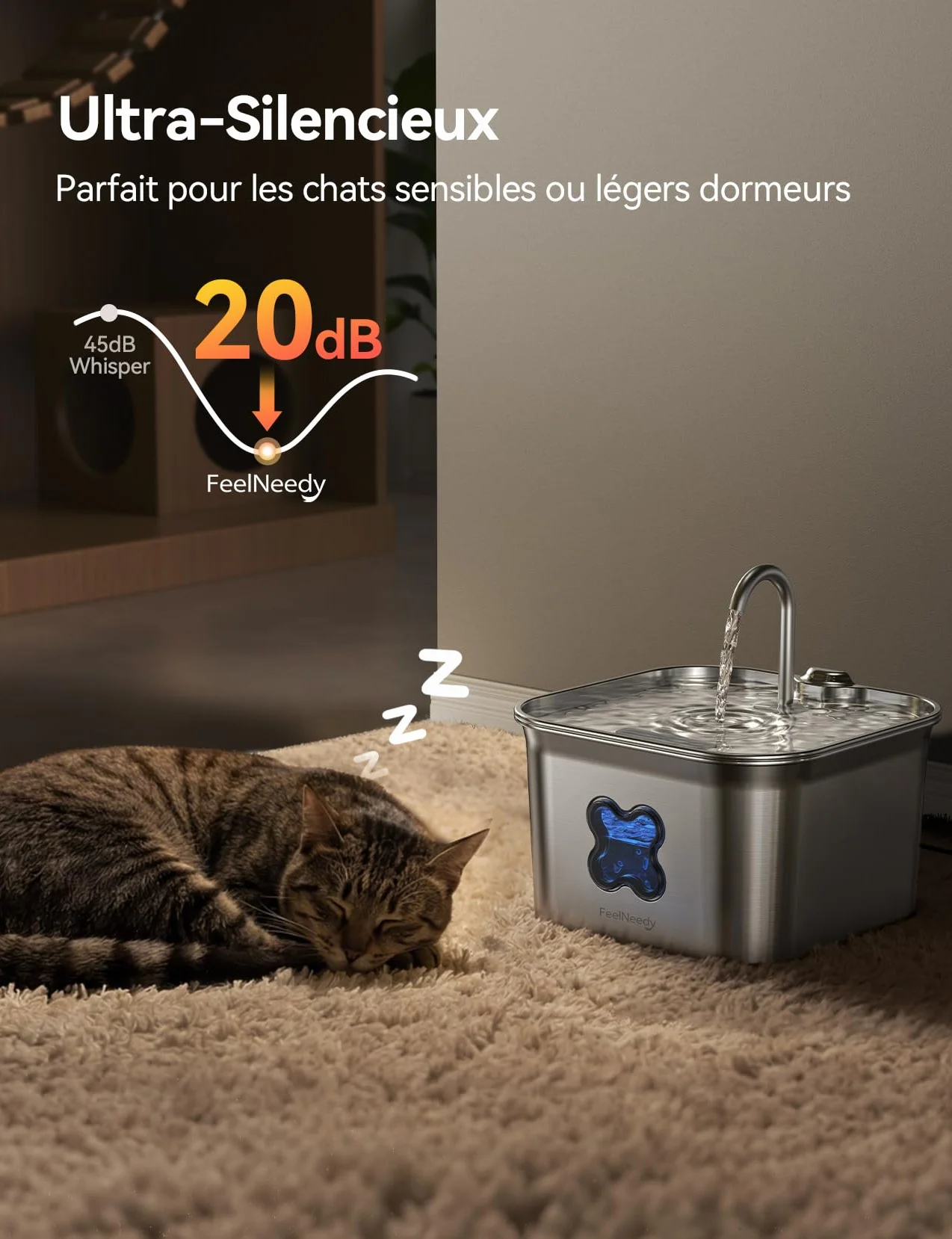 Fontaine à Eau pour Chat INOX 2,8L avec Système de Quadruple Filtration Silencieux
