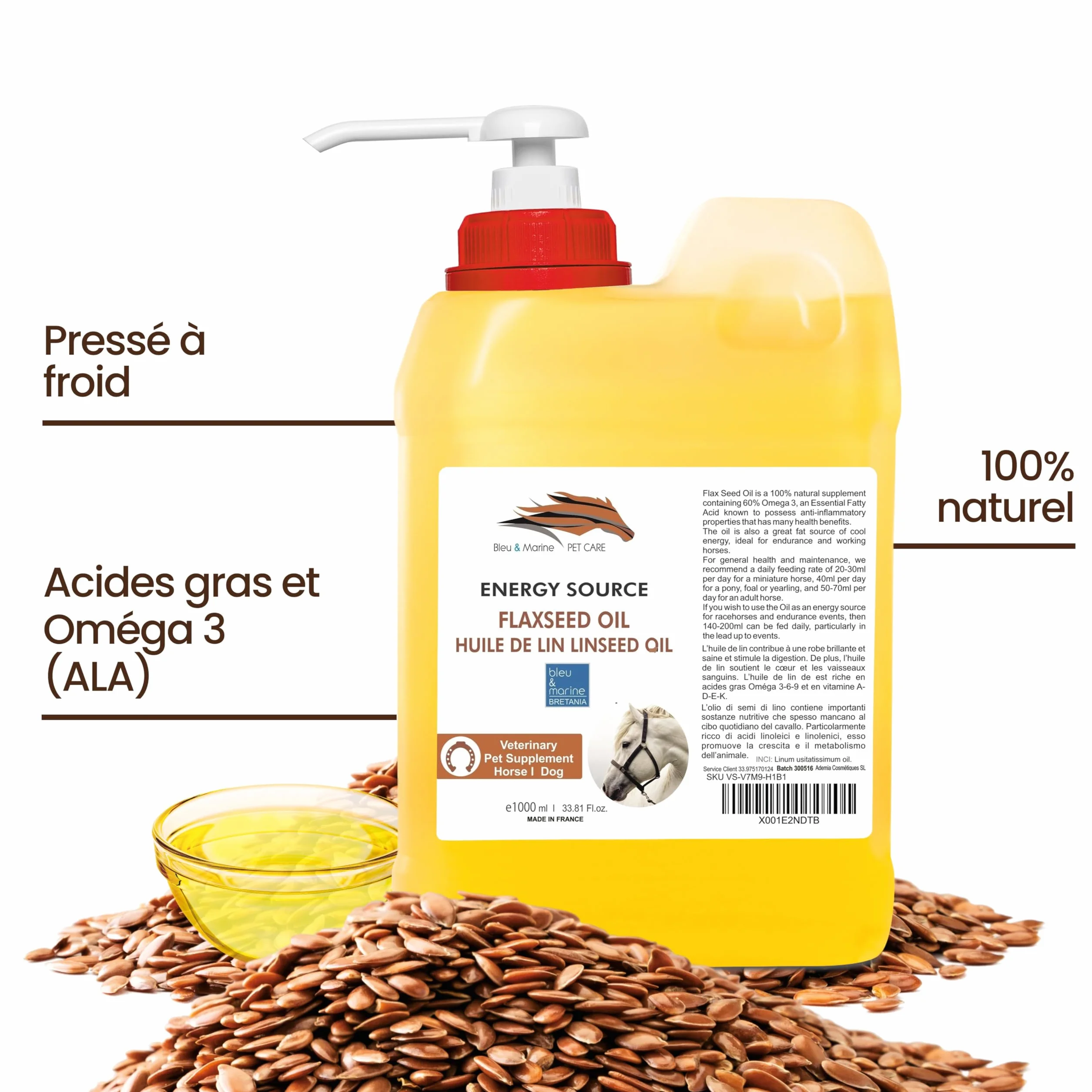 Huile de Lin VET Alimentaire 5000 ML Omega 3-6-9 Vitamines A-D-E-K pour Digestion Cœur Vaisseaux Sanguins