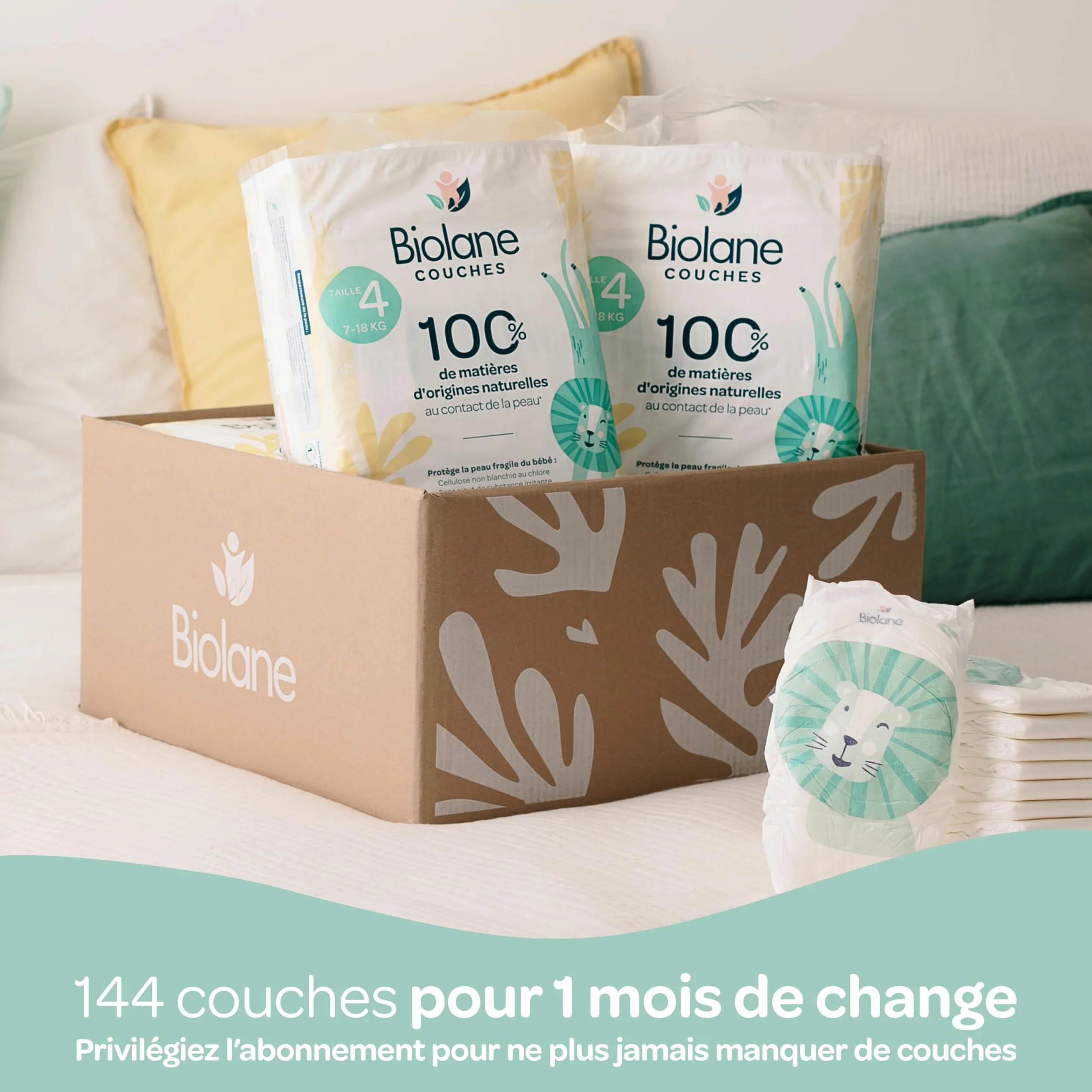 BIOLANE Couches Bébé Taille 4 (7-18 kg) Peaux Sensibles Ultra-Absorbant Pack 144 Couches Fabriqué en France