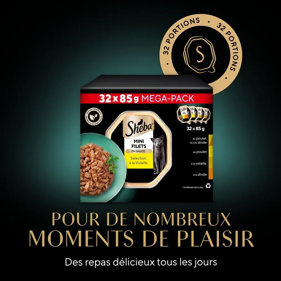 SHEBA Mini Filets en Sauce Sélection à la Volaille barquettes pour Chat Adulte 4 variétés Mega Pack 32x85g