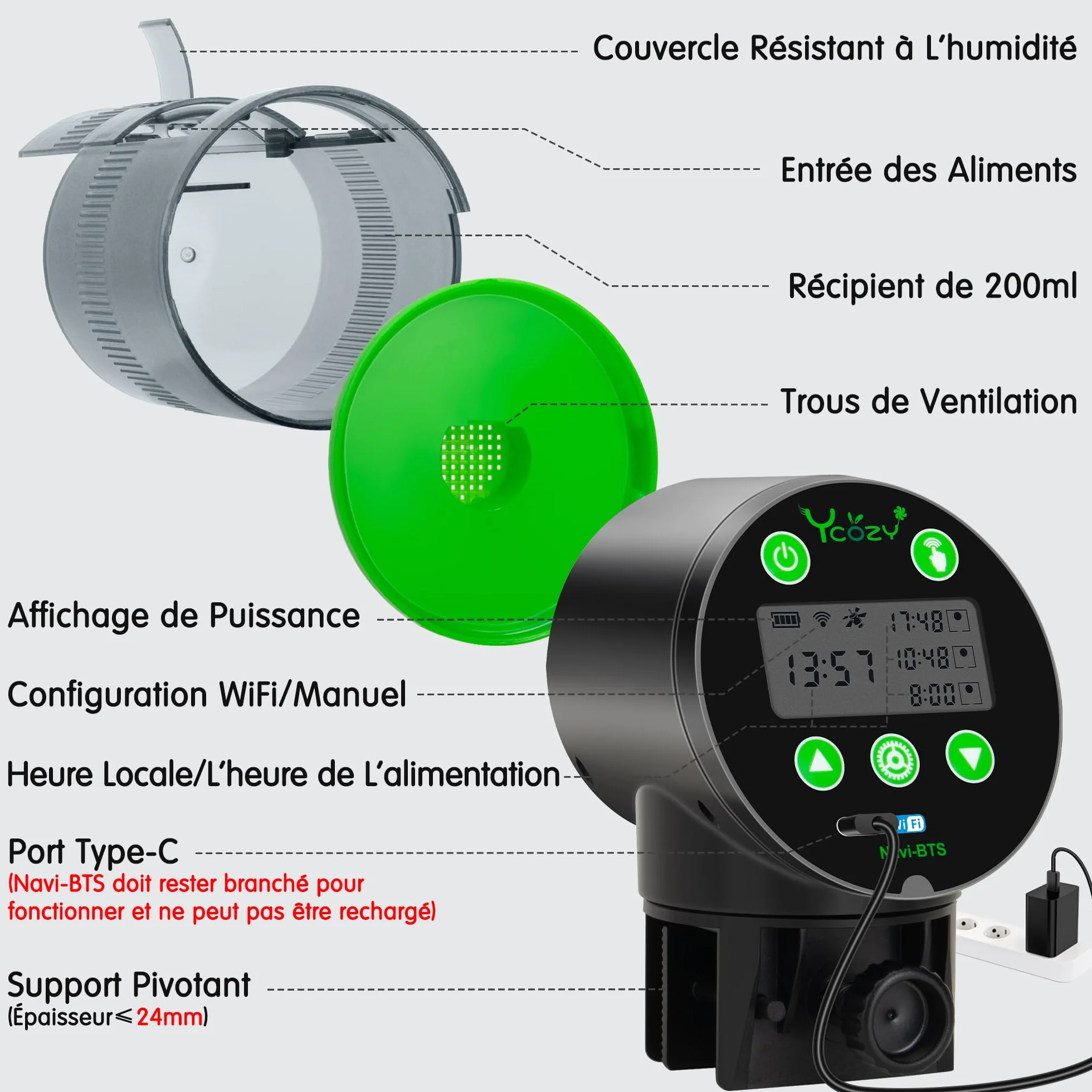 Ycozy WiFi Distributeur Automatique Poisson Aquarium, Alimenté par Prise UE et USB-C, Minuterie Ecran LCD