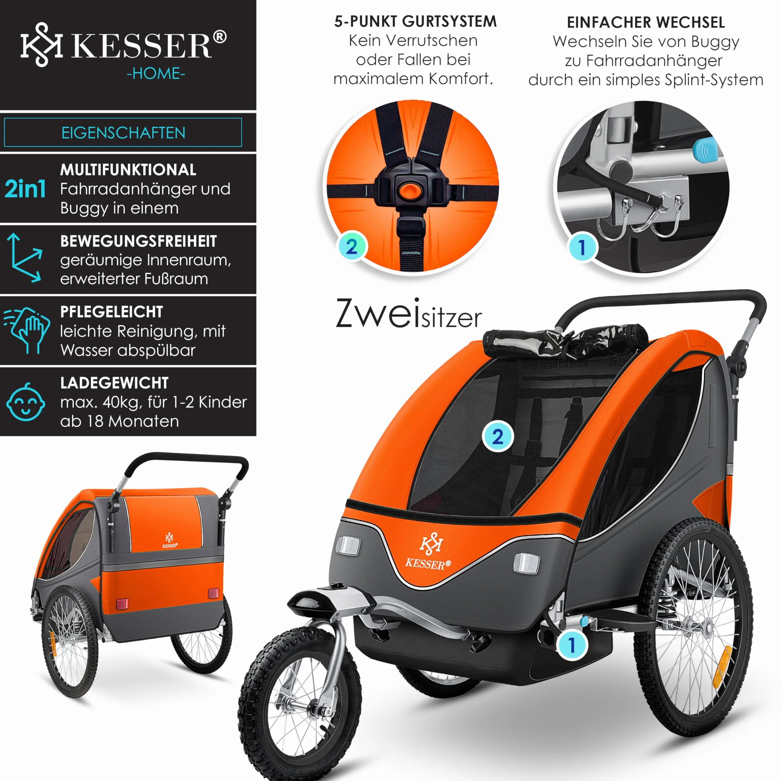 KESSER Remorque de vélo pour enfant pivotante 360° avec suspension 2 en 1, charge max 40 kg