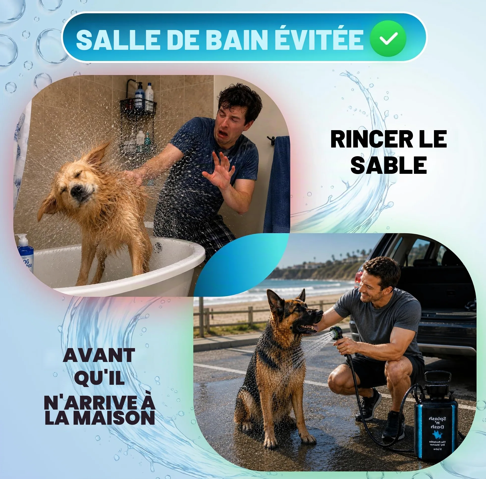 Splash n' Dash Douche portable pour chien 5 litres - Kit de douche manuel avec tête de brosse et veste en néoprène - Lave-chien portable pour la maison, les voyages ou l'extérieur