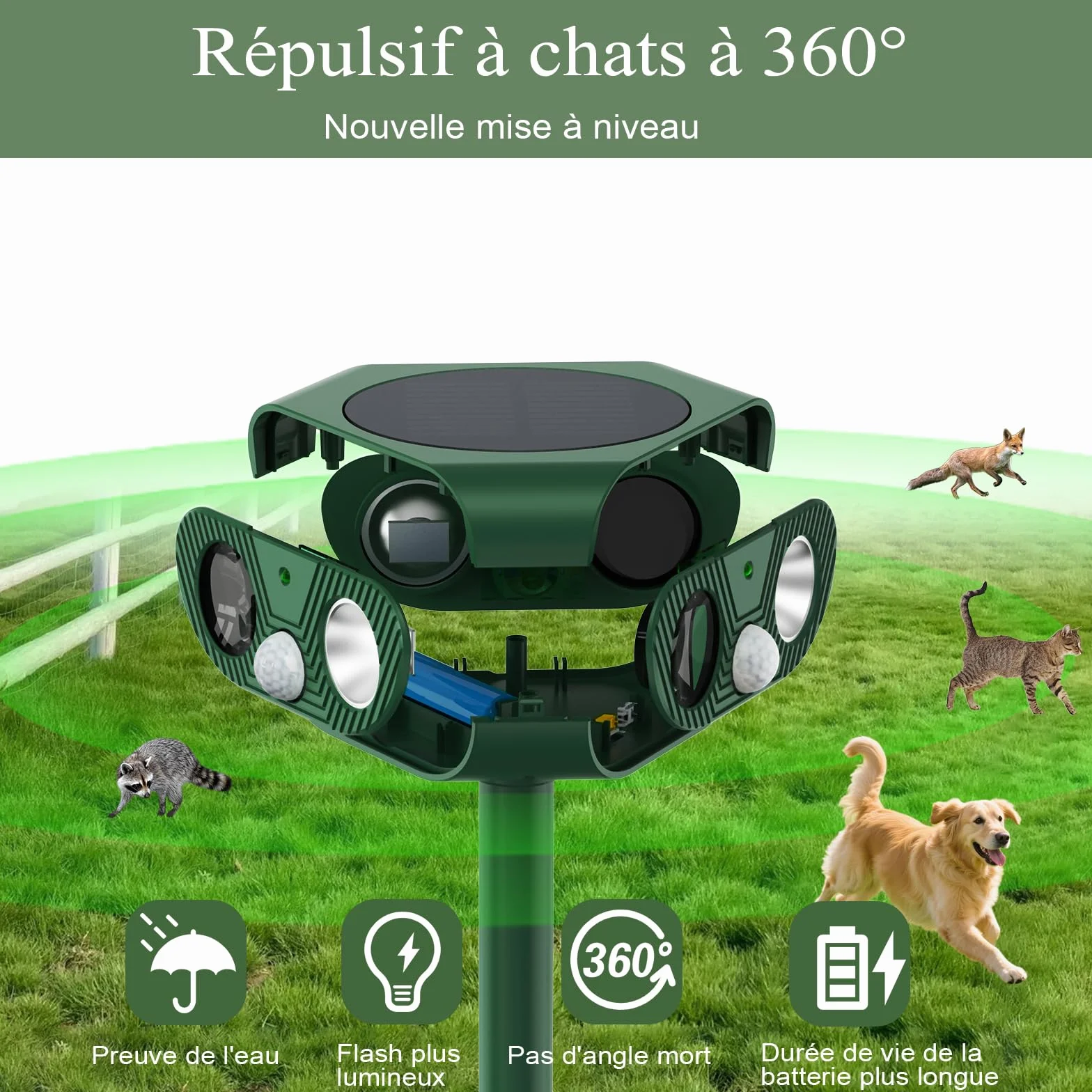 Repulsif Chat Exterieur 360° Ultrason IP65 Imperméable avec Flash LED Détecteur PIR Anti Chat Chiens