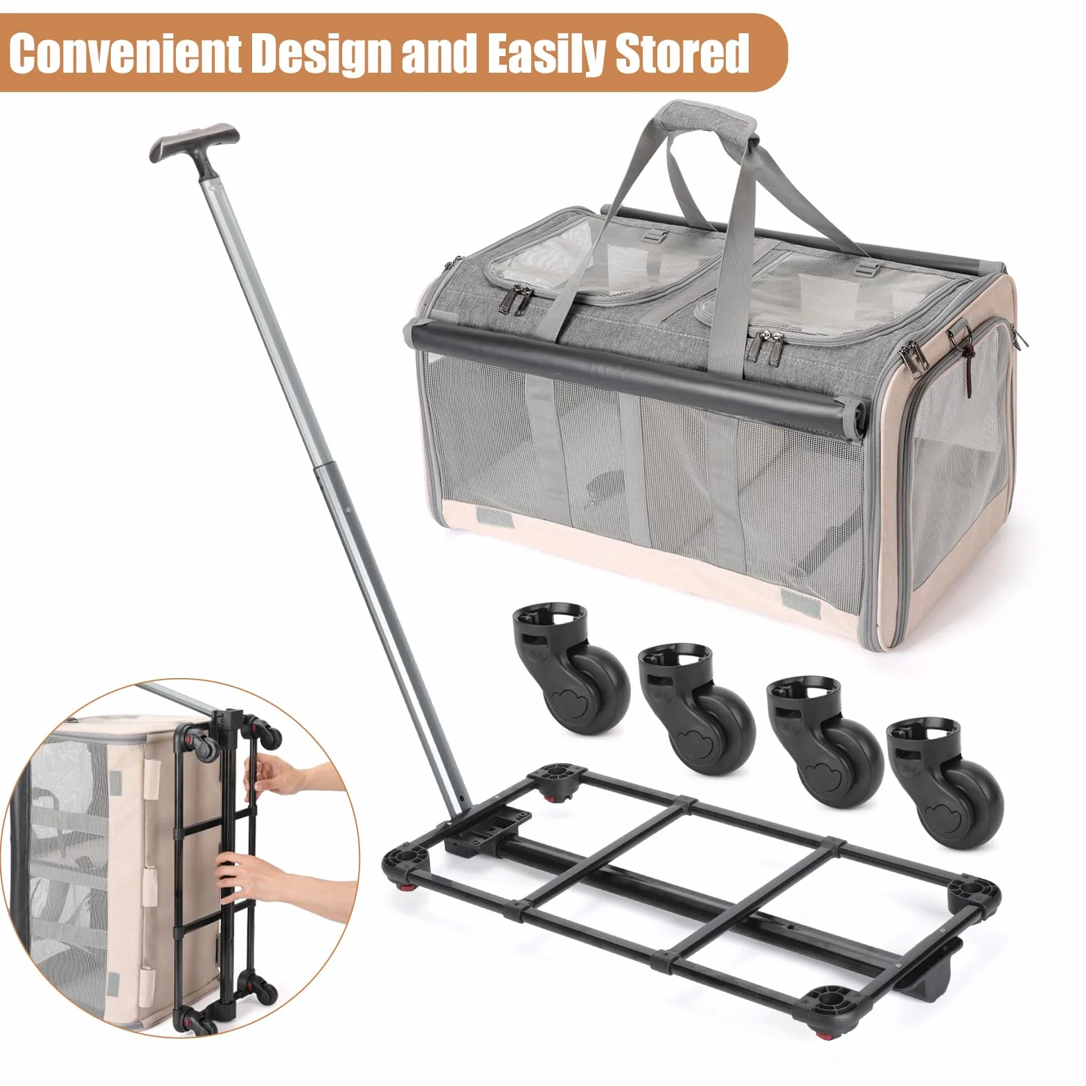 Sac de transport à roulettes double compartiment pliable pour 2 chats et chiens, respirant pour voyage randonnée