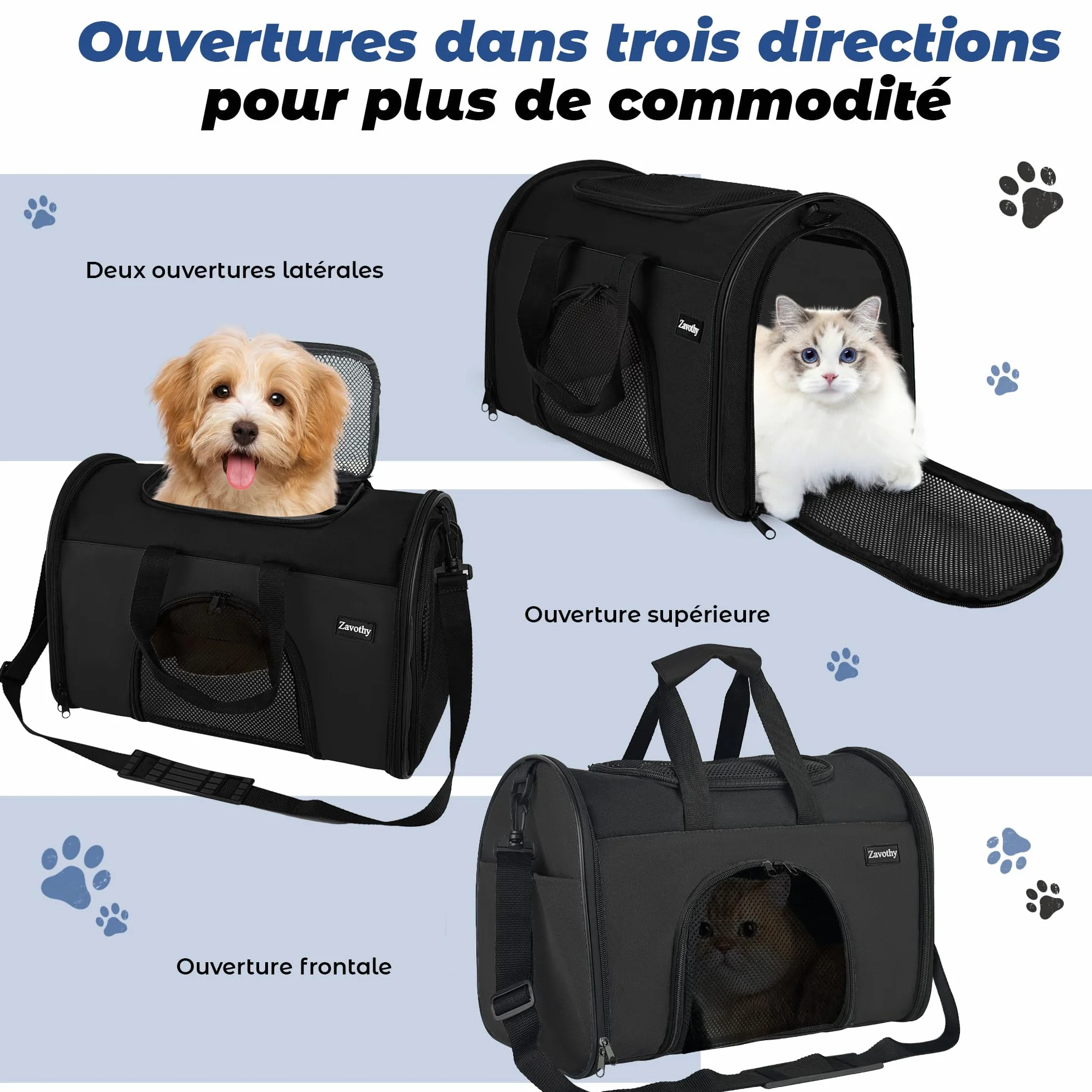 Sac de transport pour chats et chiens respirant pliable avec bandoulière réglable matelas en peluche amovible noir S