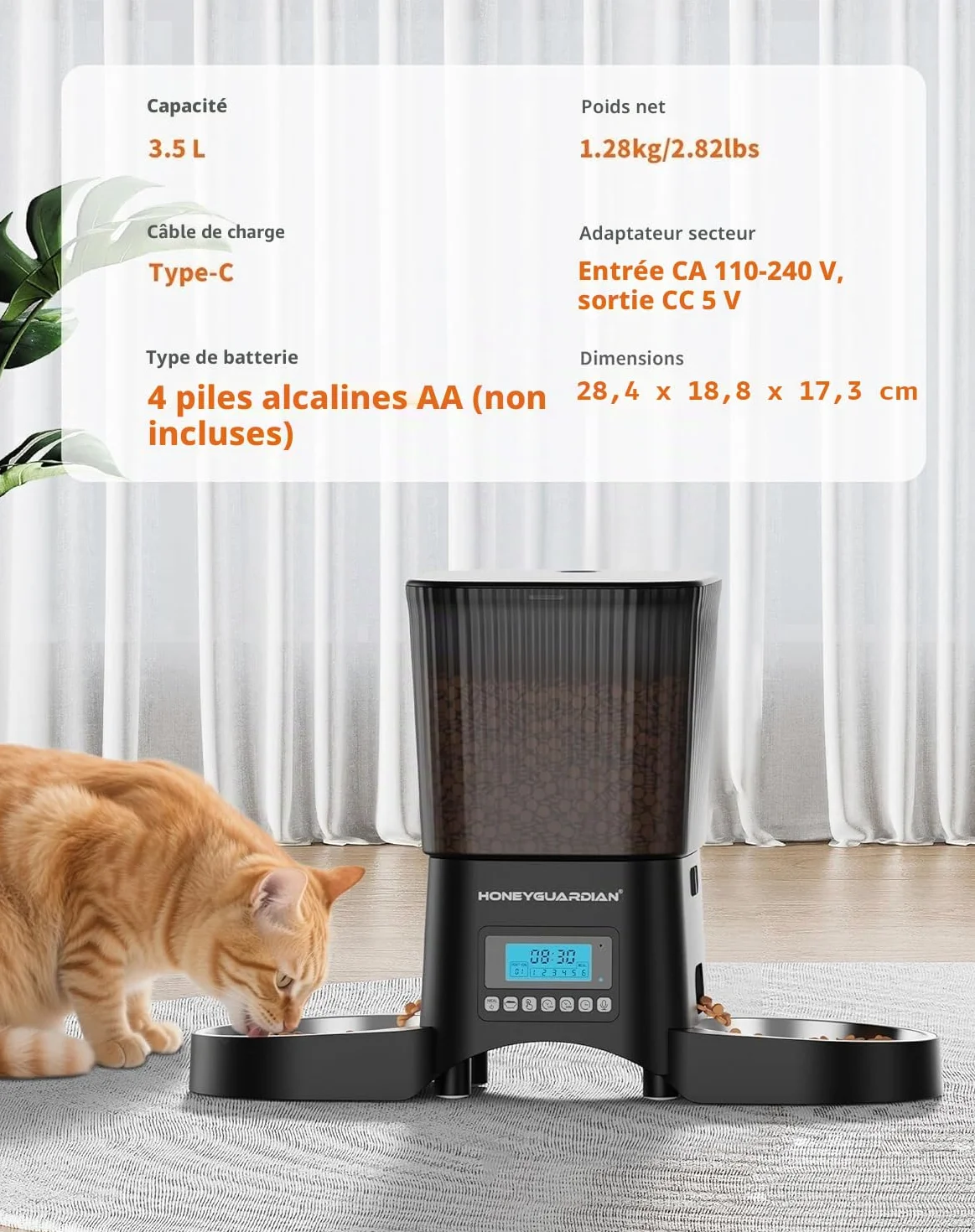 HoneyGuaridan Distributeur Croquettes Chat Automatique 3.5L 2 Bols avec Minuterie Programmable