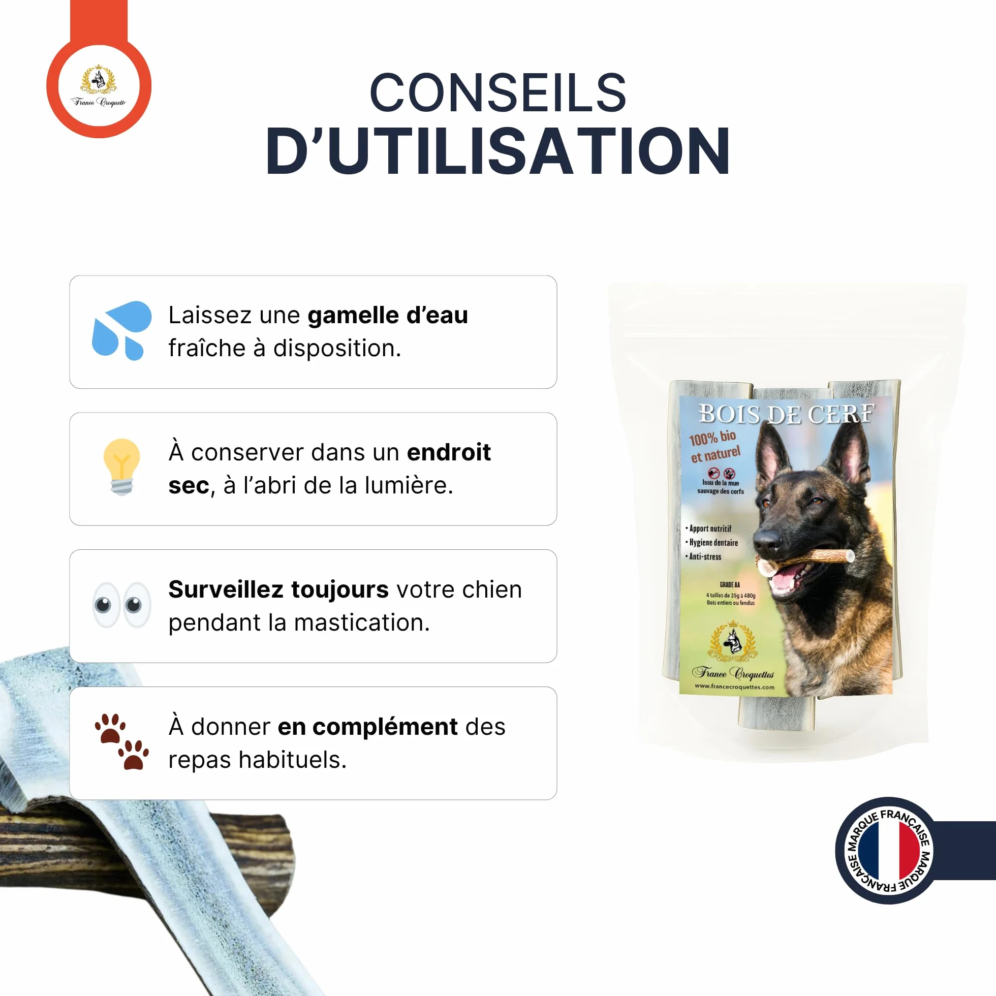 Bois de Cerf S Fendu 25-30g pour Chien Moins de 10 kg, Friandise Naturelle à Mâcher