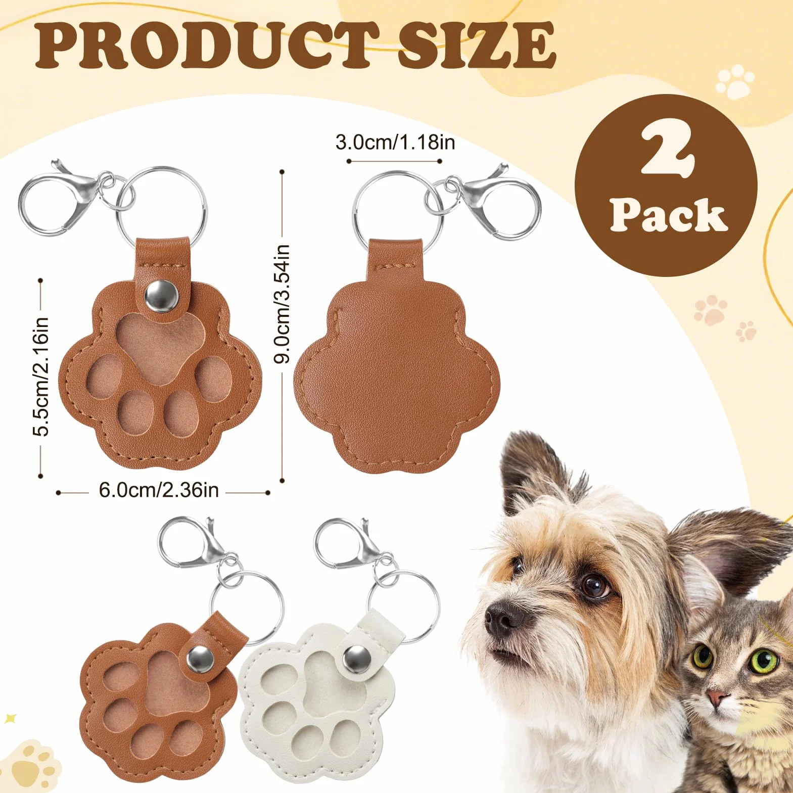 Kiiwah 2 Pièces Porte Clef en Forme de Patte Souvenir Chien Chat Décédé Personnalisée Collecteur Poils (Marron + Blanc)
