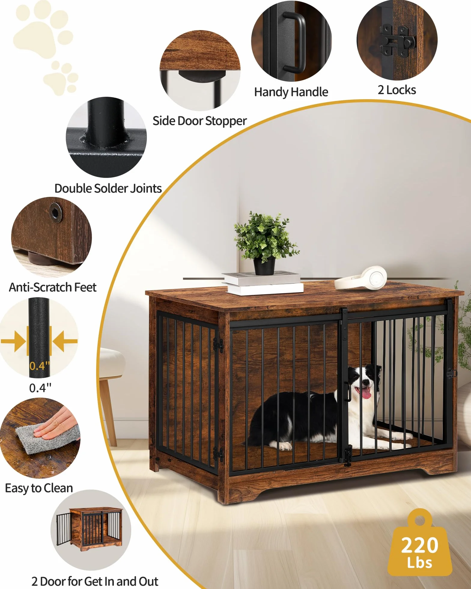 Hzuaneri Cage pour Chien 100 cm Meuble Cage Chien Interieur avec Porte Coulissante 2 Portes Niche Moderne Marron Rustique