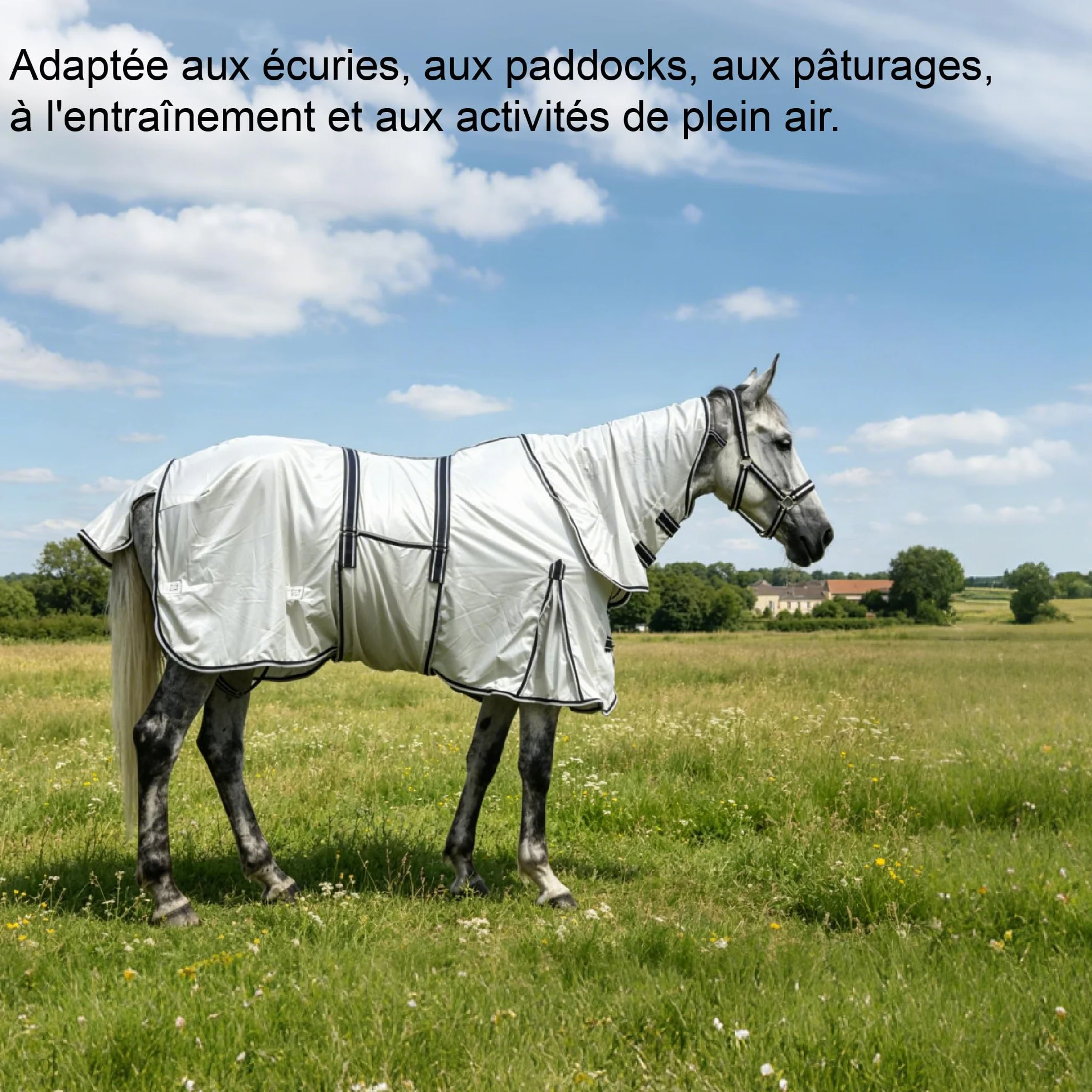 Couverture Anti-Mouches Gris Clair 155 cm avec Couvre-Cou Amovible, Bande Ventrale, Maille Respirante, Protection Anti-UV