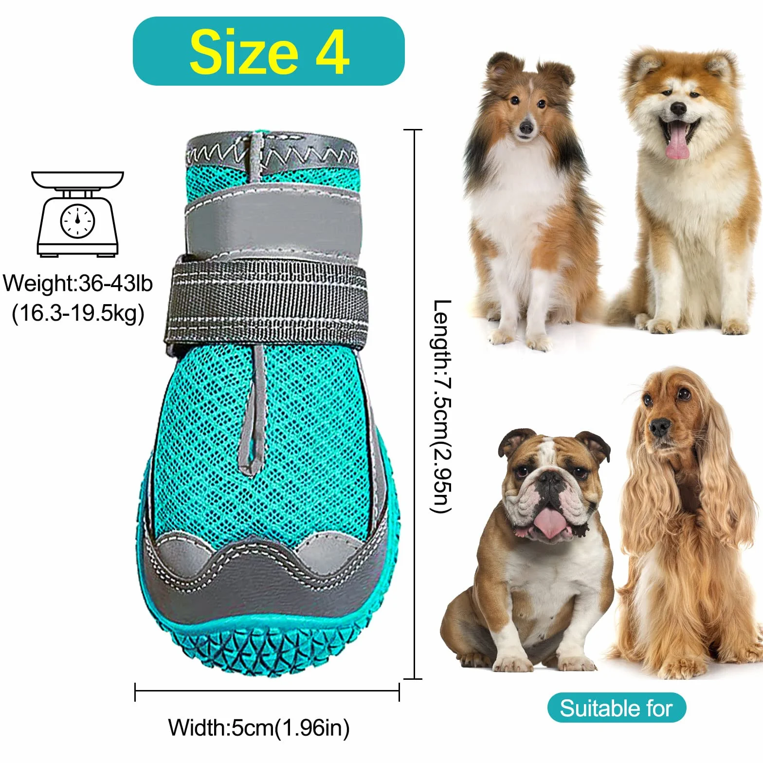 Bottes de Protection pour Chien 4 pcs Chaussures Respirantes avec Sangles Réfléchissantes et Semelle Antidérapante
