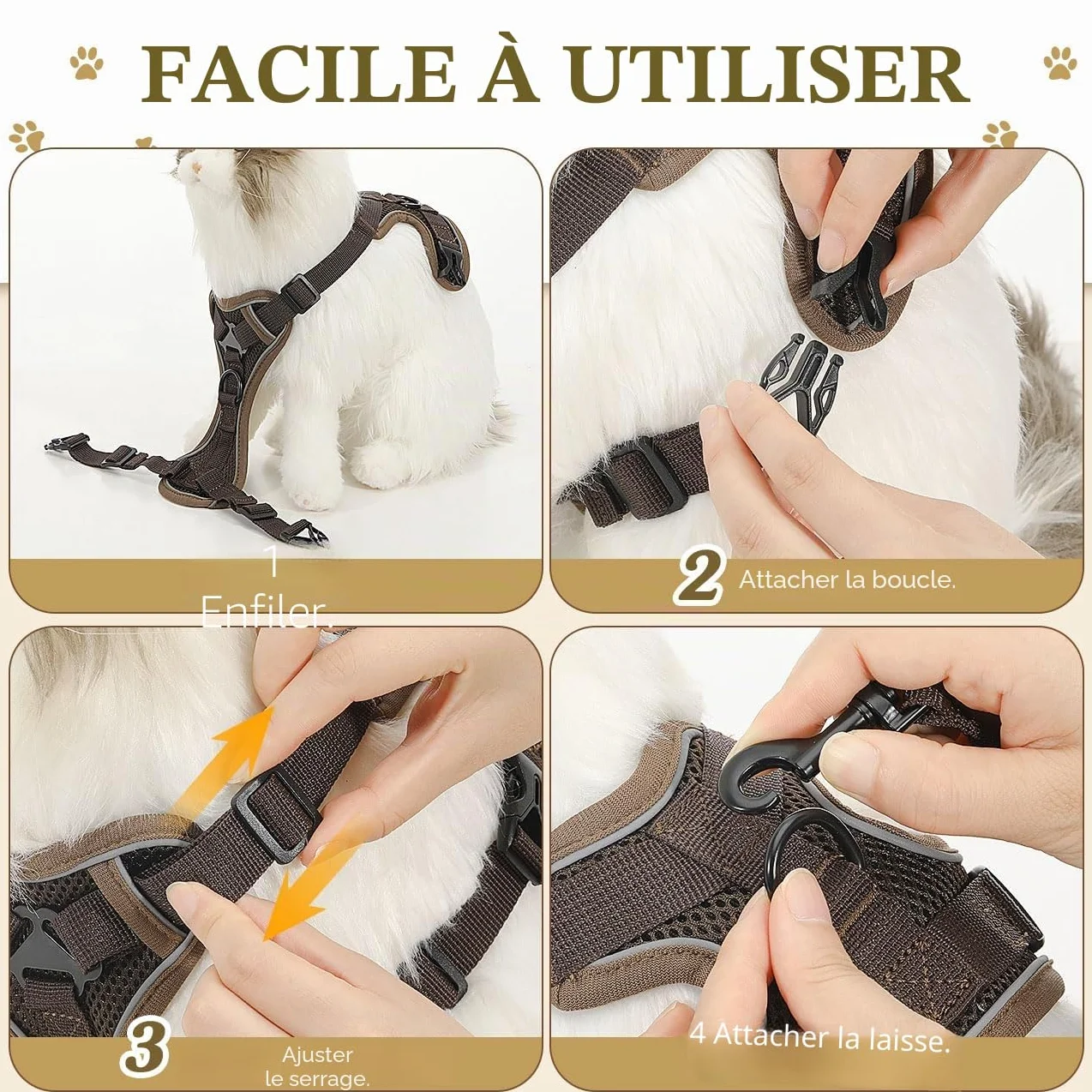 VavoPaw Harnais et Laisse Anti-évasion pour Chat, Ajustable avec Bande Réfléchissante, Filet Respirant, Taille S, Café