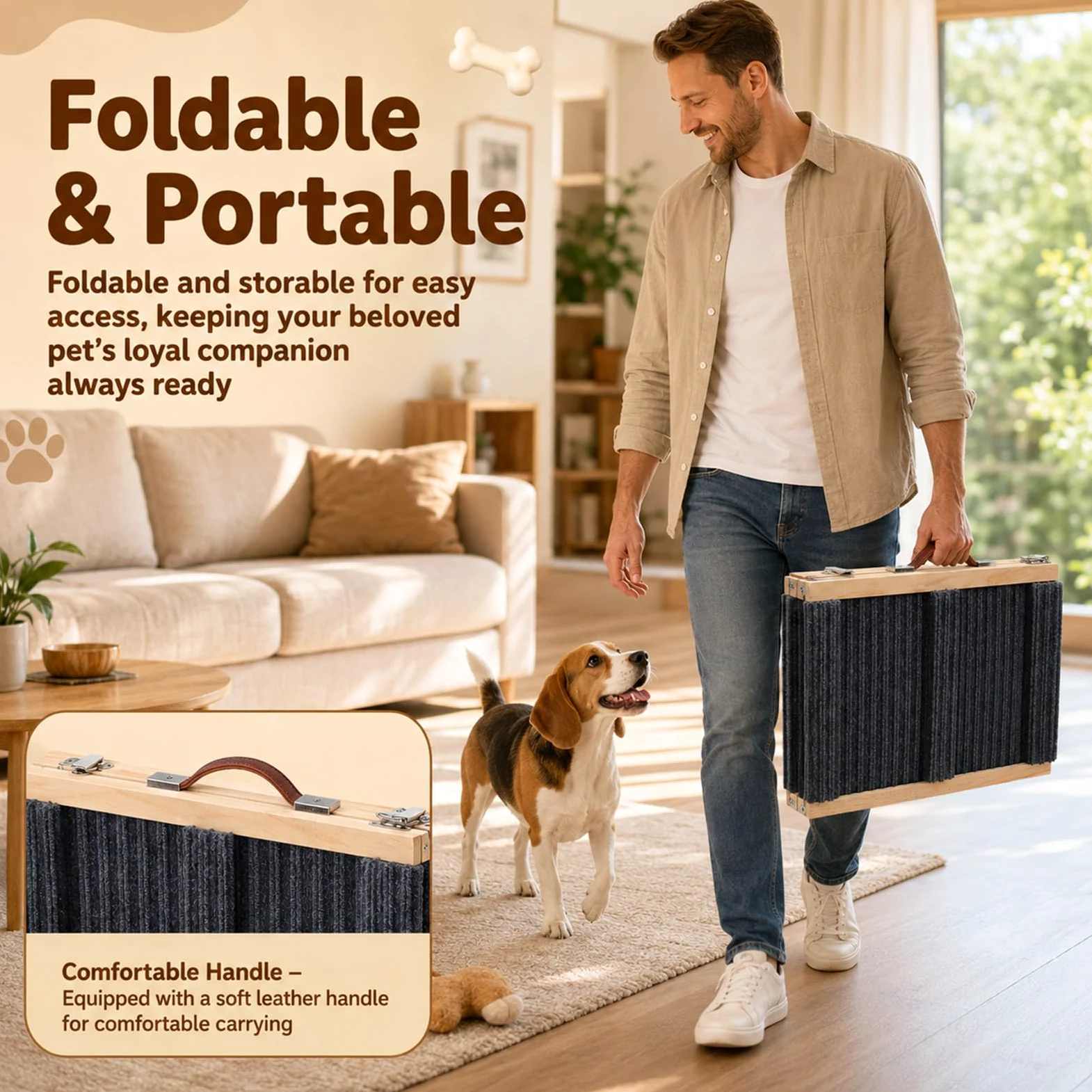 Rampe Chien en Bois, 84cm Rampe Pliable pour Chien avec 4 Hauteurs Réglable | Escalier portable lits avec revêtement antidérapant Rampe animaux pour chiens petite à moyenne taille jusqu'à 50kg