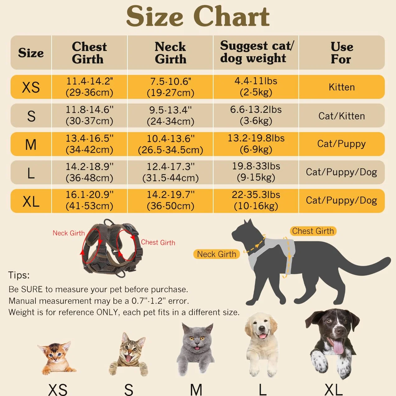VavoPaw Harnais et Laisse Anti-évasion pour Chat, Ajustable avec Bande Réfléchissante, Filet Respirant, Taille S, Café