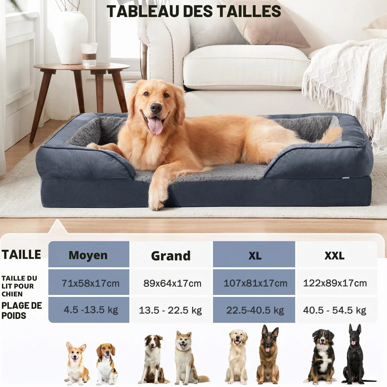 JOEJOY Panier Chien Grande Taille Orthopedique Memoire de Forme Lit pour Chien Dehoussable Lavable Coussin Nid d'abeille Imperméable Gris Foncé