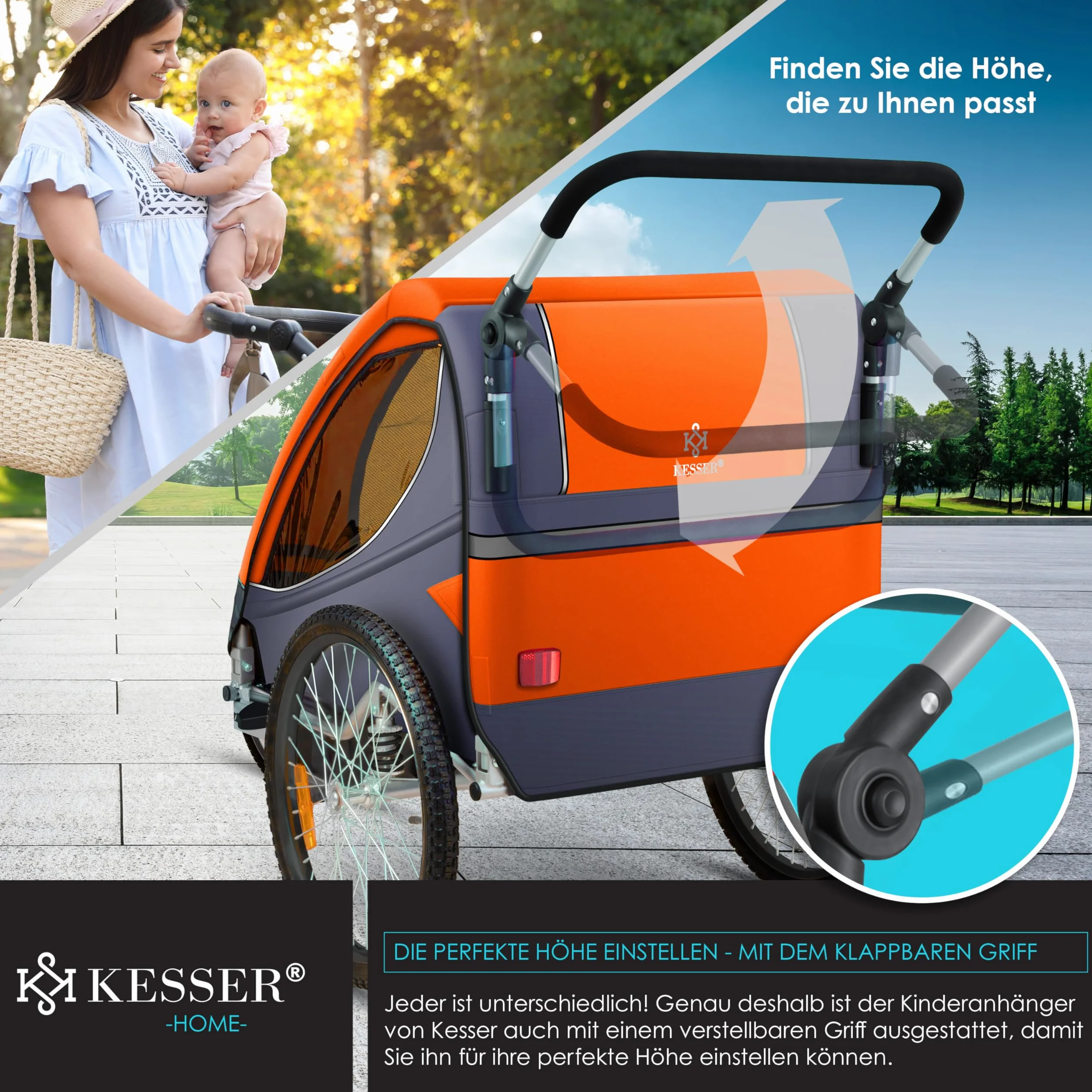 KESSER Remorque de vélo pour enfant pivotante 360° avec suspension 2 en 1, charge max 40 kg
